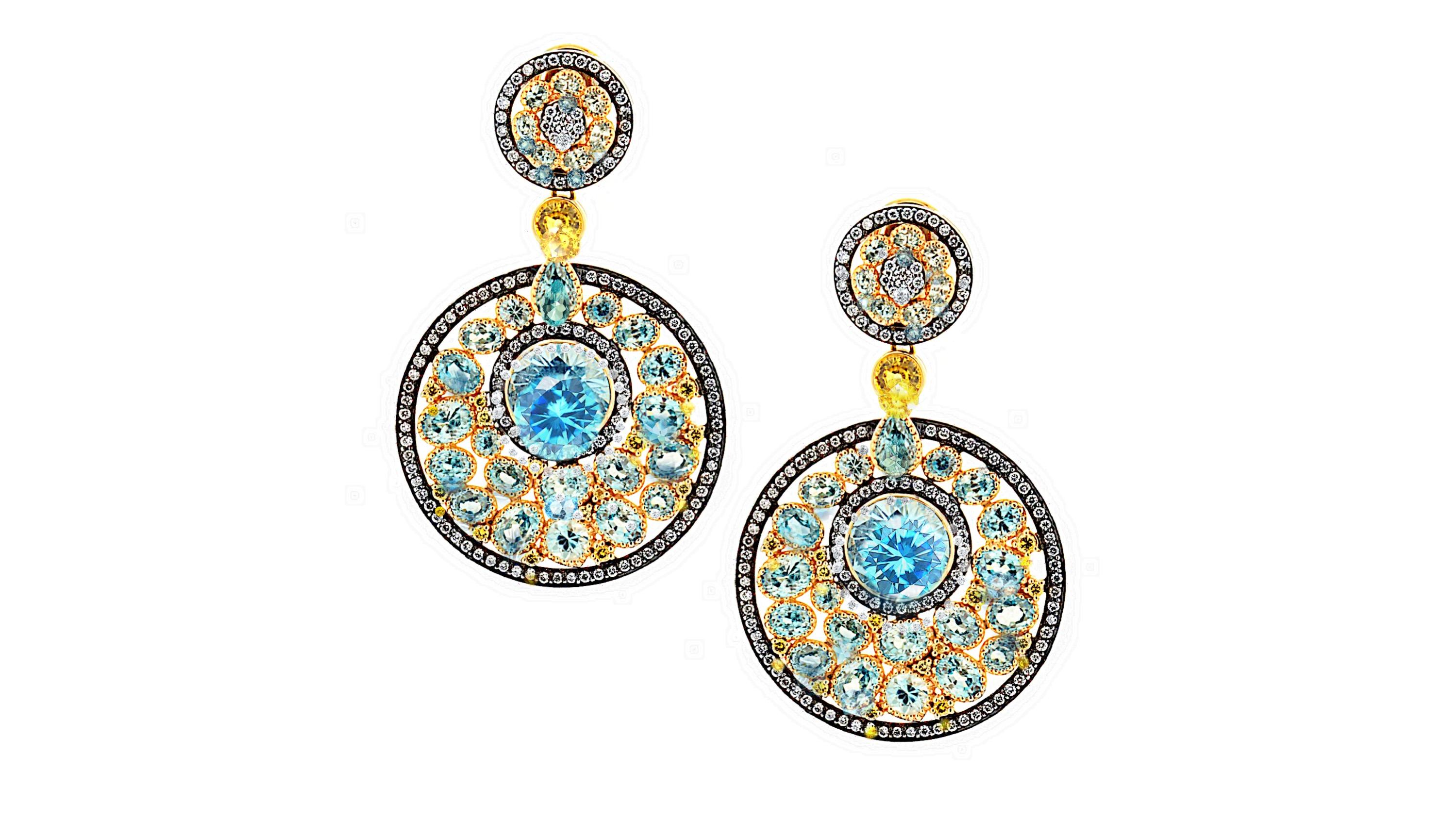 Contemporary Zorab Creation Blue Zircon 25.00 and Blue Topaz 10.75 Dream Catcher  Earrings For Sale