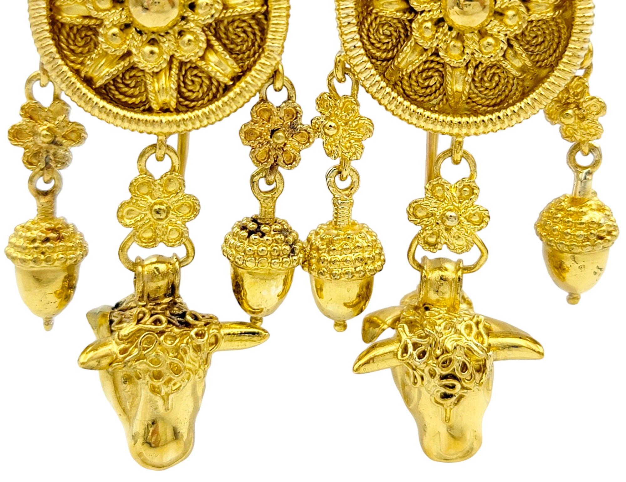 Dream Catcher Motif with Cow Head Dangle Earrings Set in 22 Karat Yellow Gold In Good Condition For Sale In Scottsdale, AZ