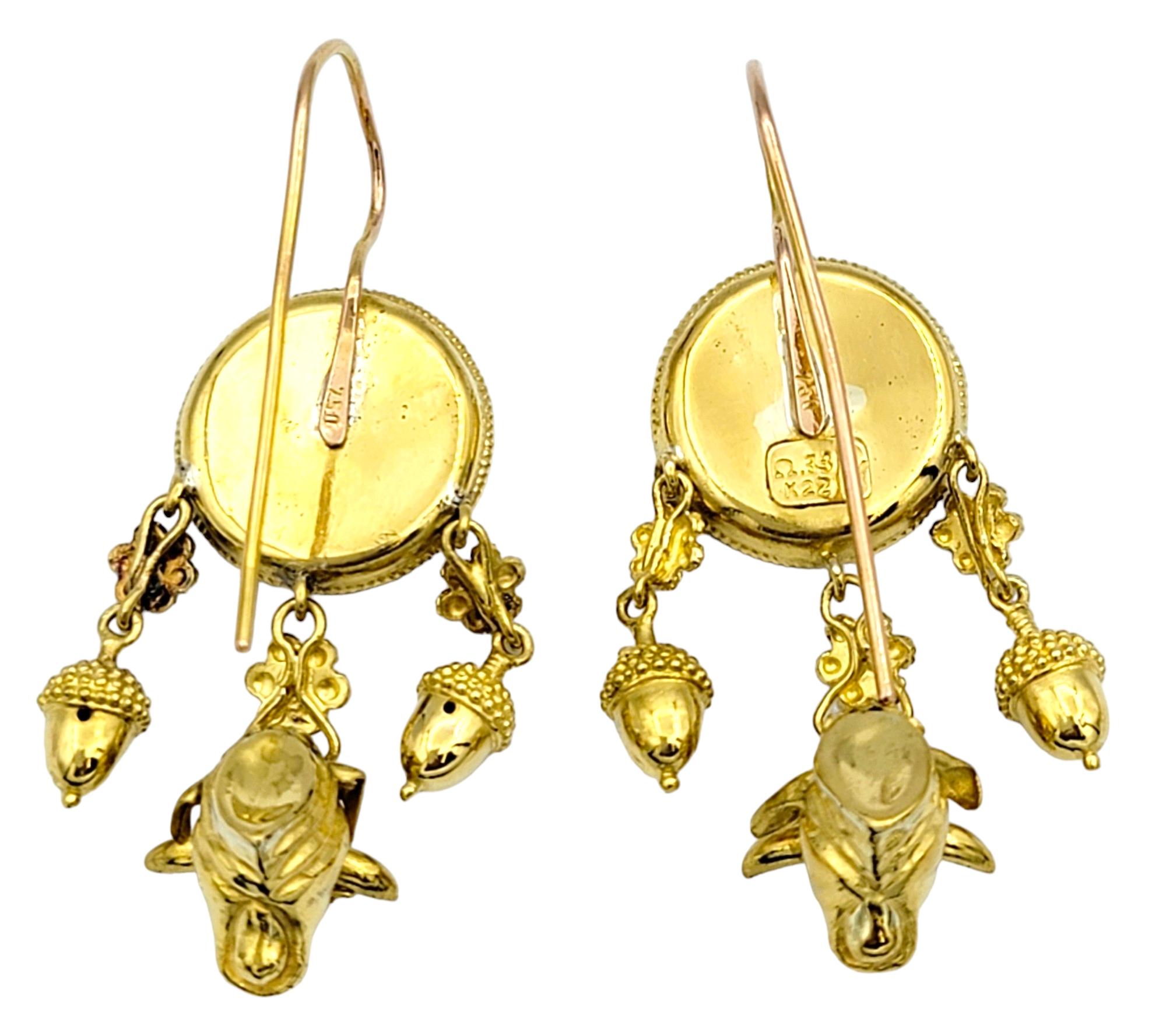 Dream Catcher Motif with Cow Head Dangle Earrings Set in 22 Karat Yellow Gold For Sale 1