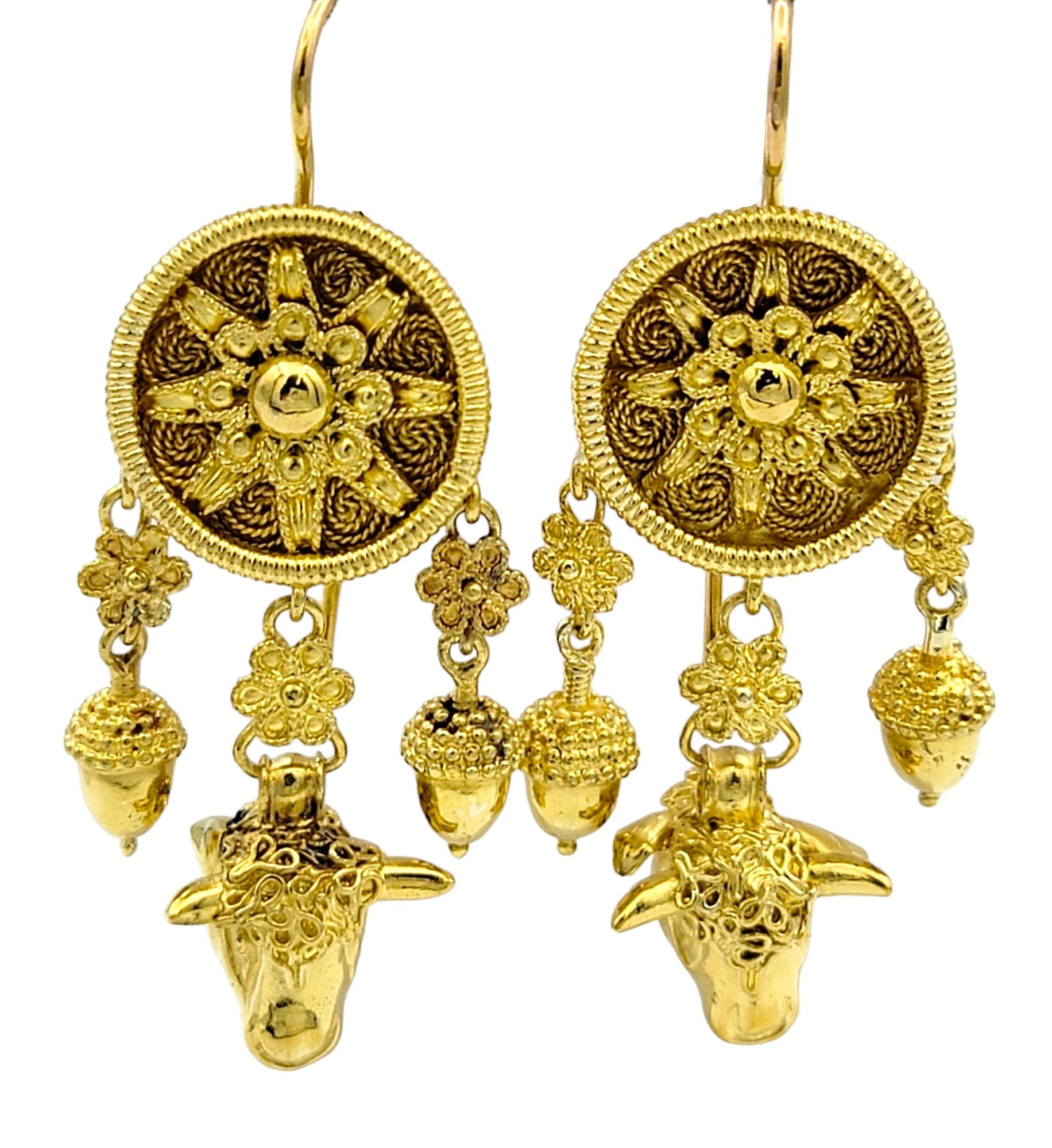 Dream Catcher Motif with Cow Head Dangle Earrings Set in 22 Karat Yellow Gold