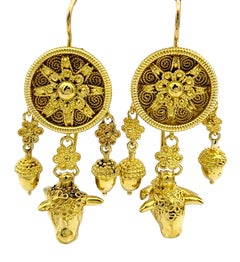 Dream Catcher Motif with Cow Head Dangle Earrings Set in 22 Karat Yellow Gold