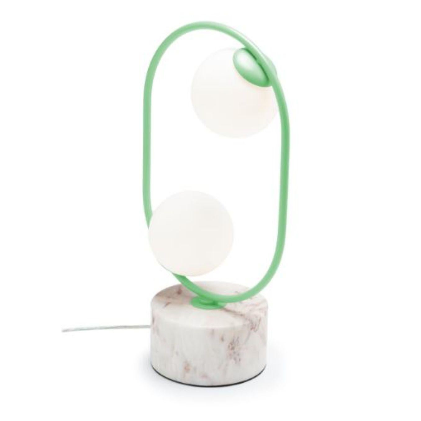 Dream Loop table I lamp with Marble Base by Dooq
Dimensions: W 30 x D 15 x H 50 cm
Materials: lacquered metal, polished or brushed metal, marble.
Also available in different colors and materials. 

Information:
230V/50Hz
2 x max. G9
4W