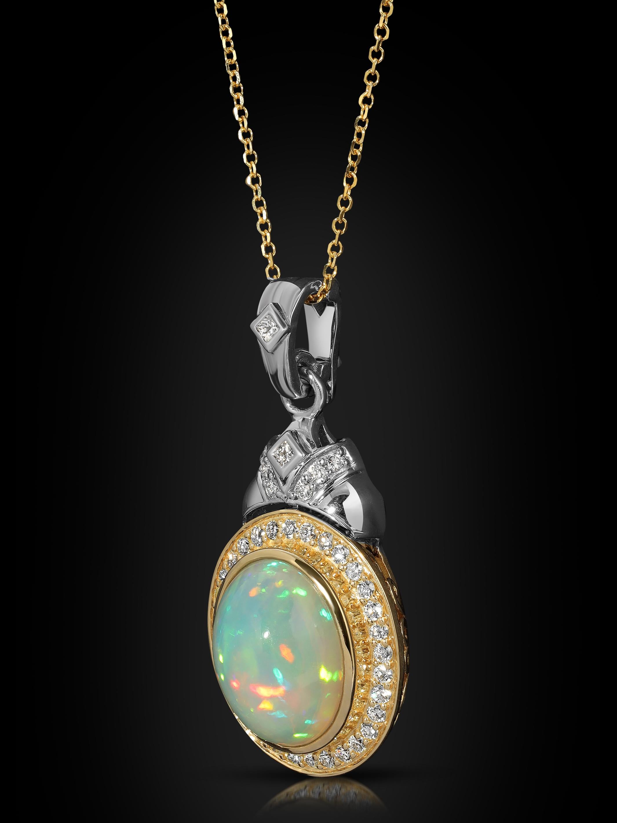 This sophisticated two-toned 18K Gold necklace has a stunning starry centerpiece of Ethiopian Welo Opal. This piece mesmerizes you and its fiery flashes of color are visible from across the room. Not to outshine the Opal, but the brilliance of the