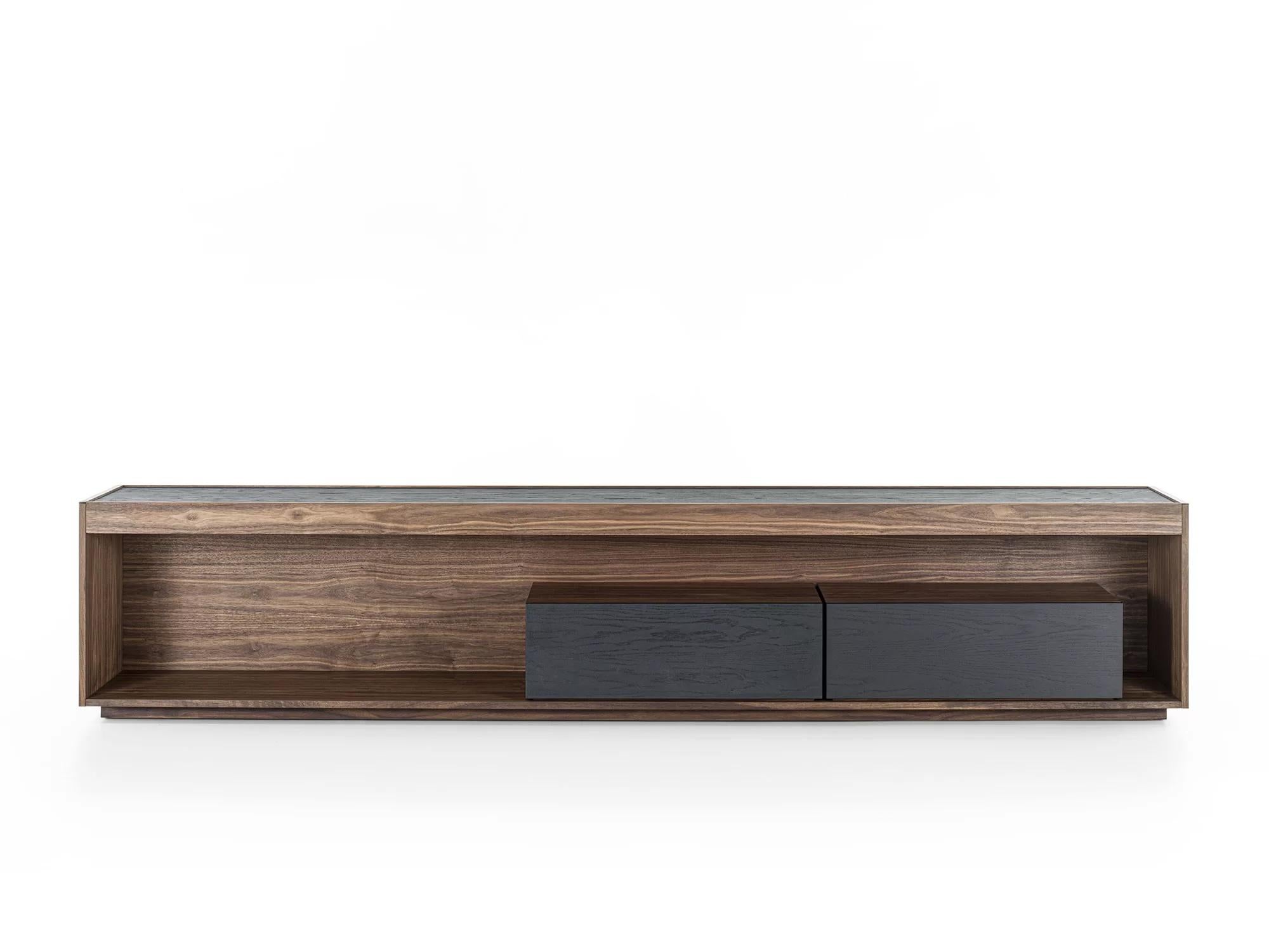 Solid wood and blockboard sideboard enclosed by a wooden structure, characterized by two drawers assembled with traditional dovetail joints.  Recessed top, LED lights to illuminate the open compartment. 

Designed by Authentic Design and Made in