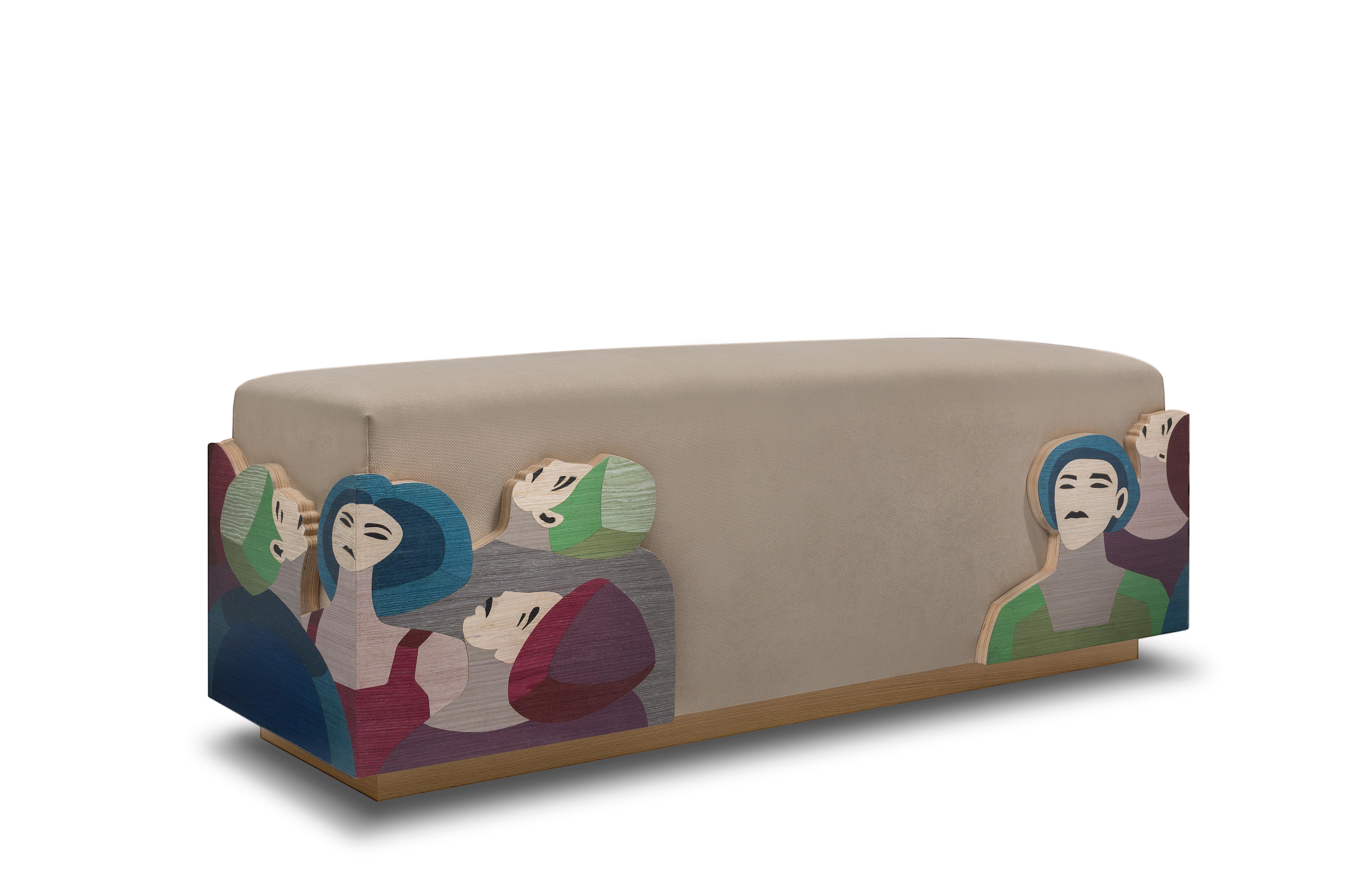 The Dreamers Bench is a captivating piece inspired by Hady Boraey's painting of the same name. Crafted with wood veneers and upholstery, this bench embodies the dream-like and imaginative qualities depicted in Boraey's artwork. The wood veneers