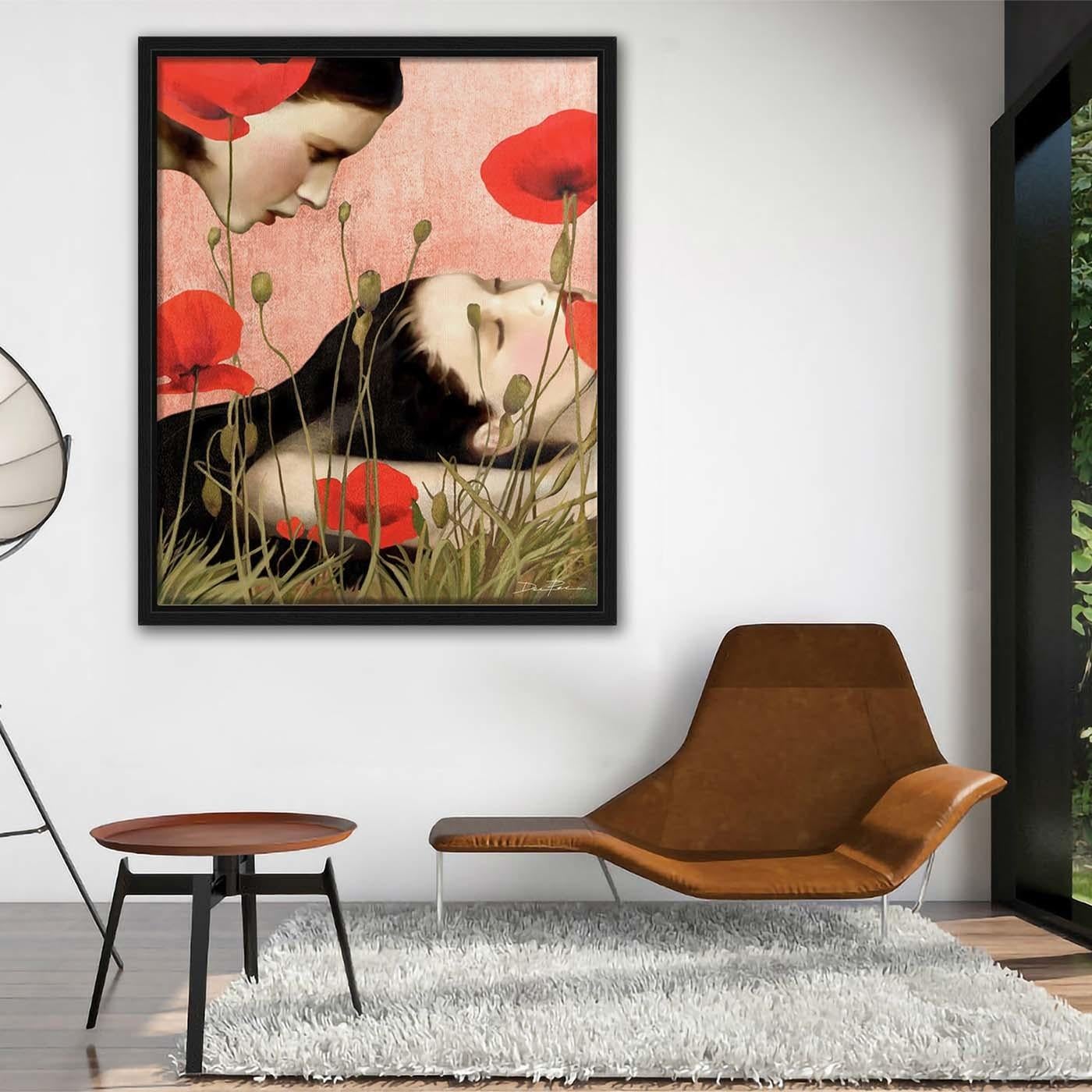 This limited edition digital painting in the Pop Surrealist style immortalizes the fleeting moment of desire. One woman intimately reaches out to another in a dreamy poppy field in rich shades of red and pink. Signed and numbered by the artist.