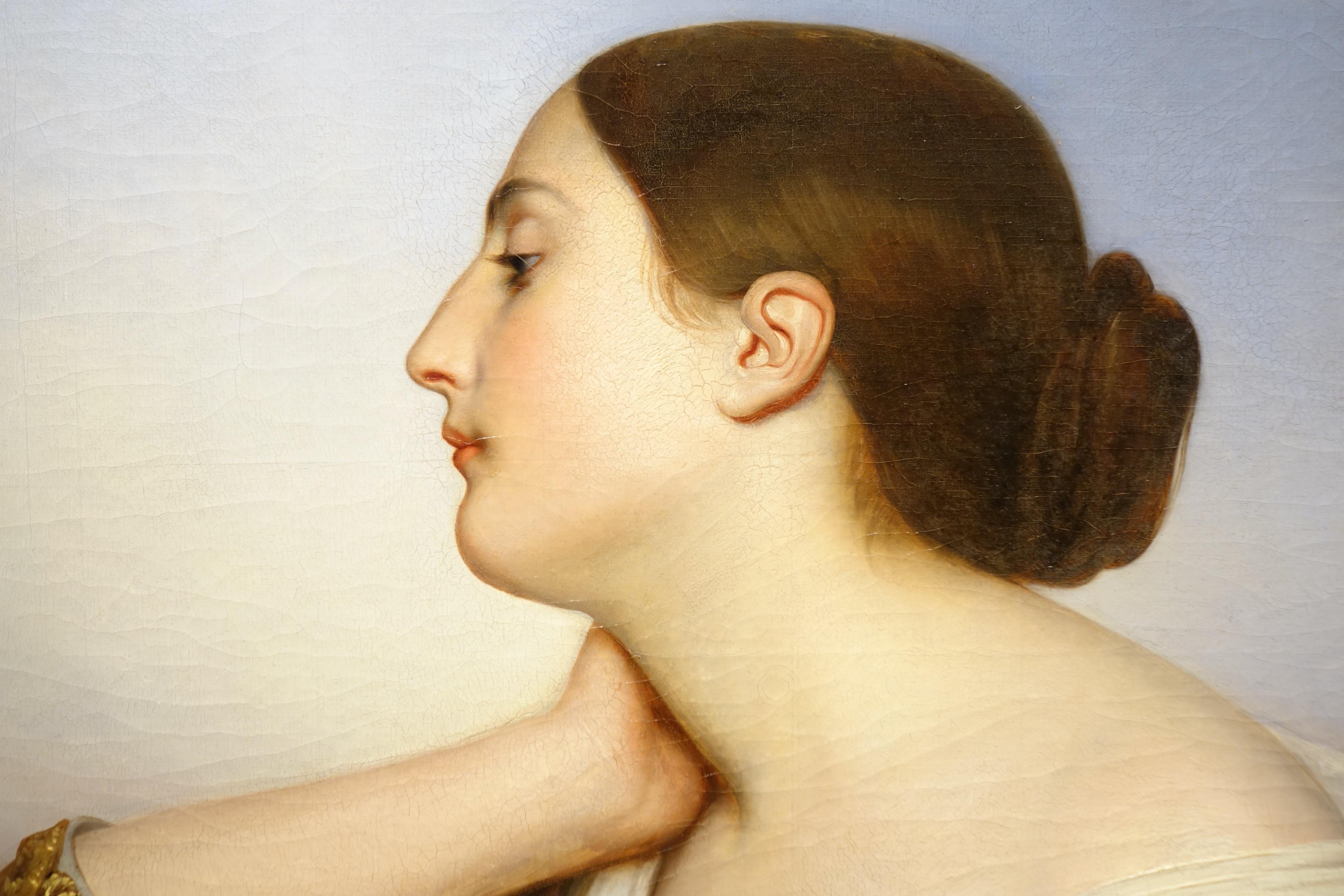 Oil on canvas portraying a young woman of great beauty, with a Greek profile, leaning against a balcony.
The lines and quality of execution are perfect, giving an impression of purity inherited from the teachings of Ingres.
Abandon, contemplation,