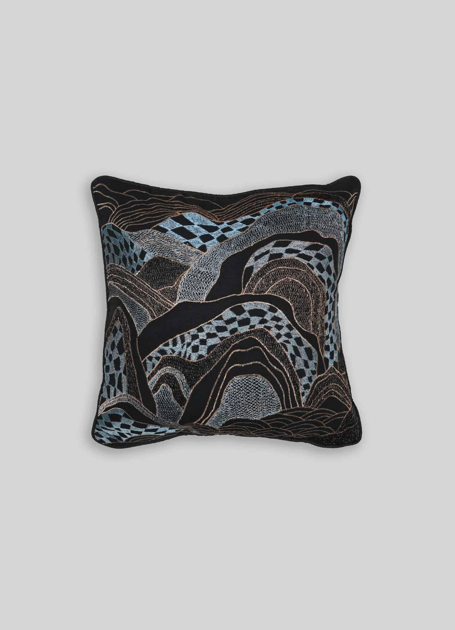 Indian Dreamscape Black Embroidered Linen Cushion, Viya By Vikram Goyal For Sale