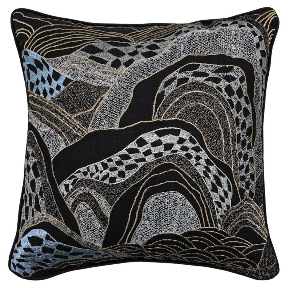 Dreamscape Black Embroidered Linen Cushion, Viya By Vikram Goyal
