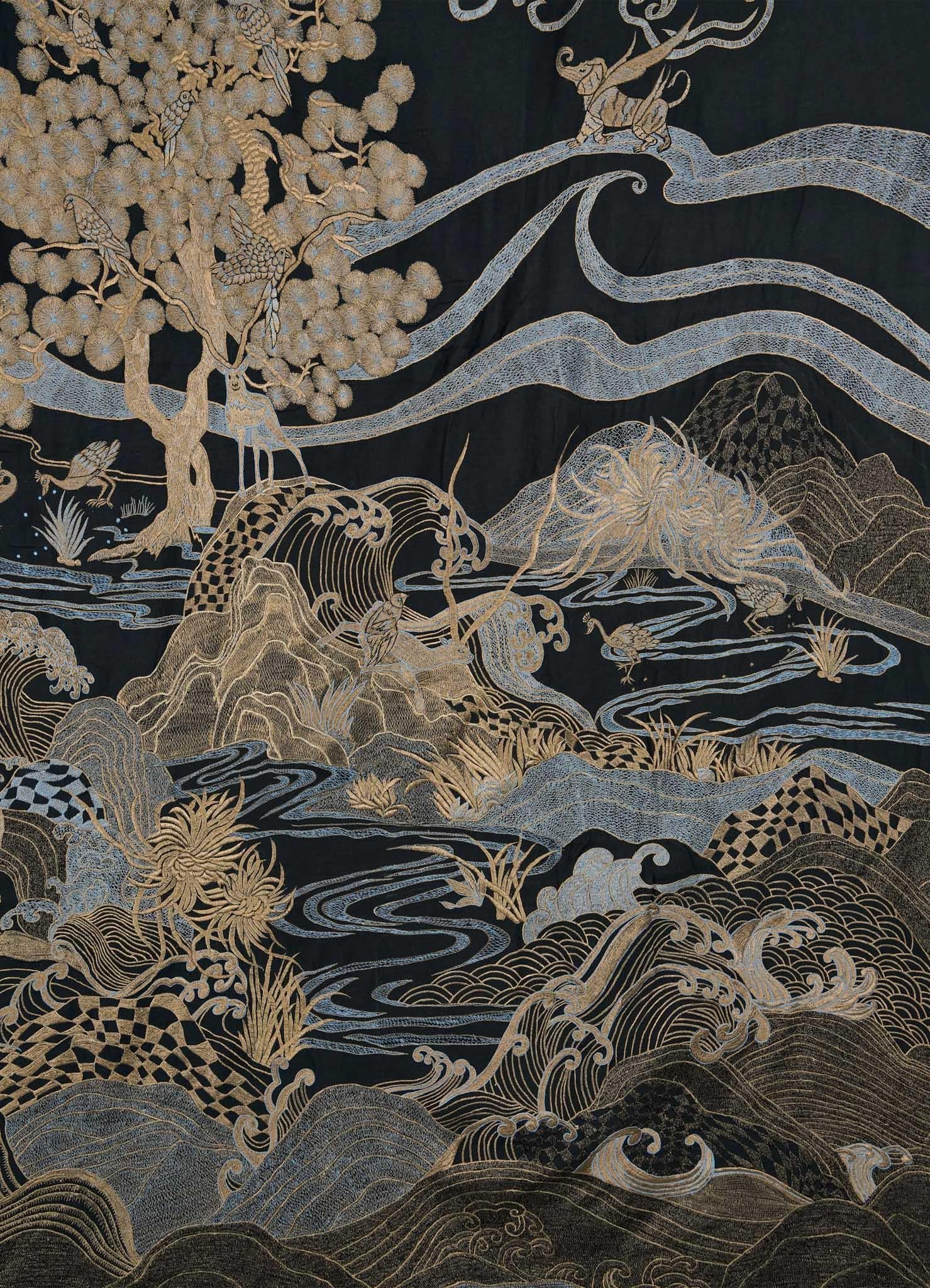Dreamscape Black & Gold Embroidered Bedcover in Linen, Viya by Vikram Goyal In New Condition For Sale In Noida, DL