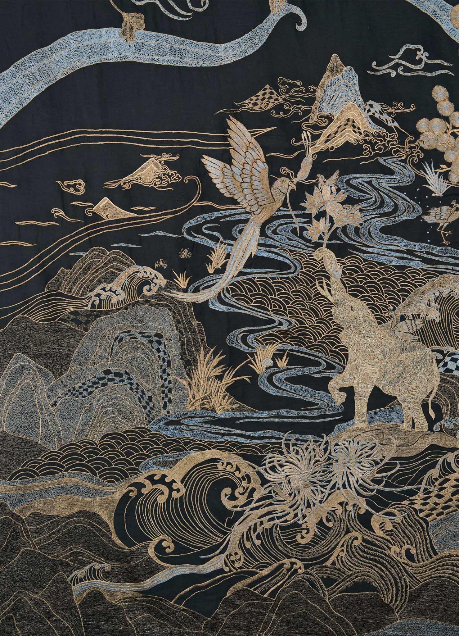 Contemporary Dreamscape Black & Gold Embroidered Bedcover in Linen, Viya by Vikram Goyal For Sale