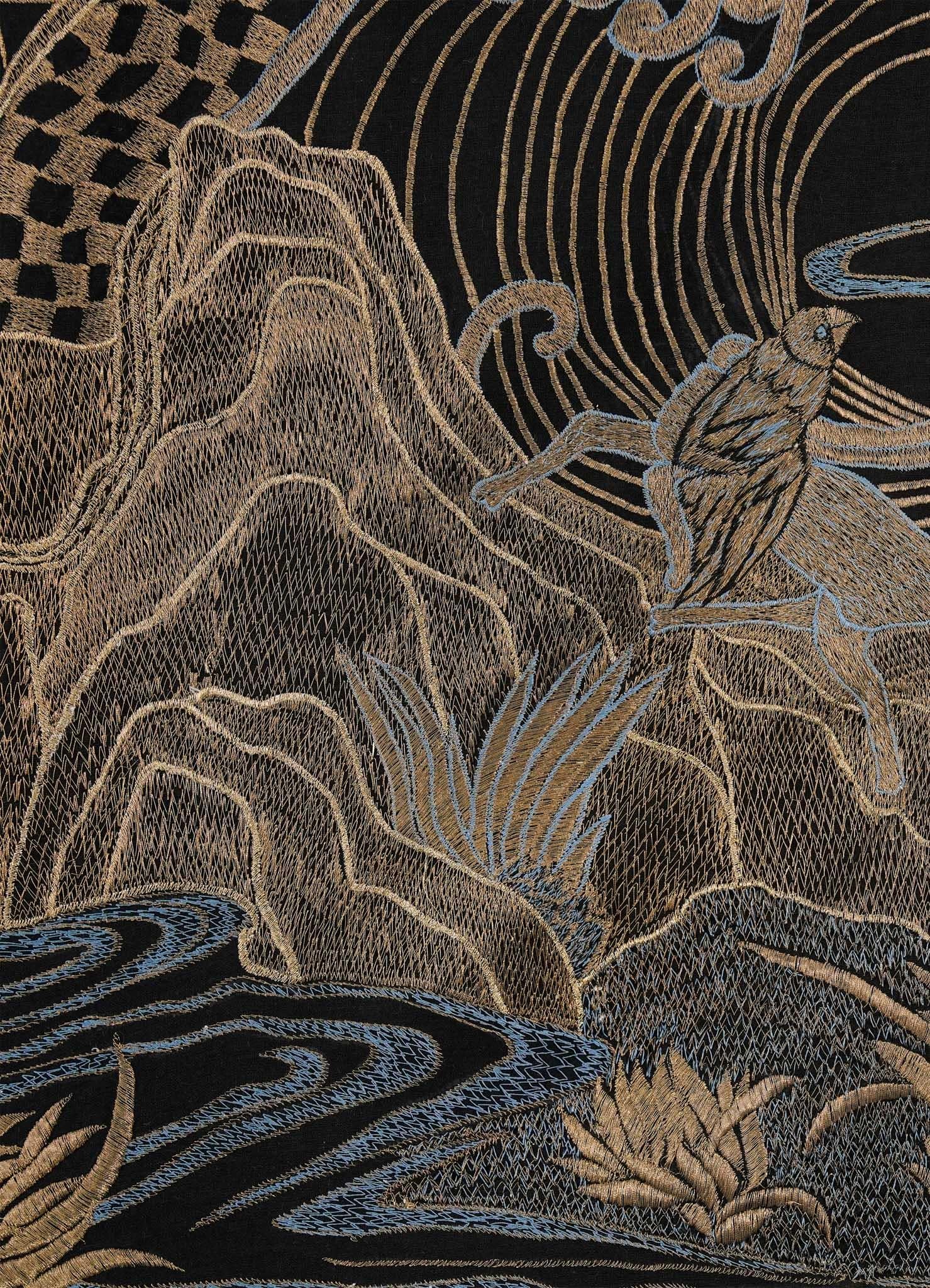 Dreamscape Black & Gold Embroidered Bedcover in Linen, Viya by Vikram Goyal For Sale 1