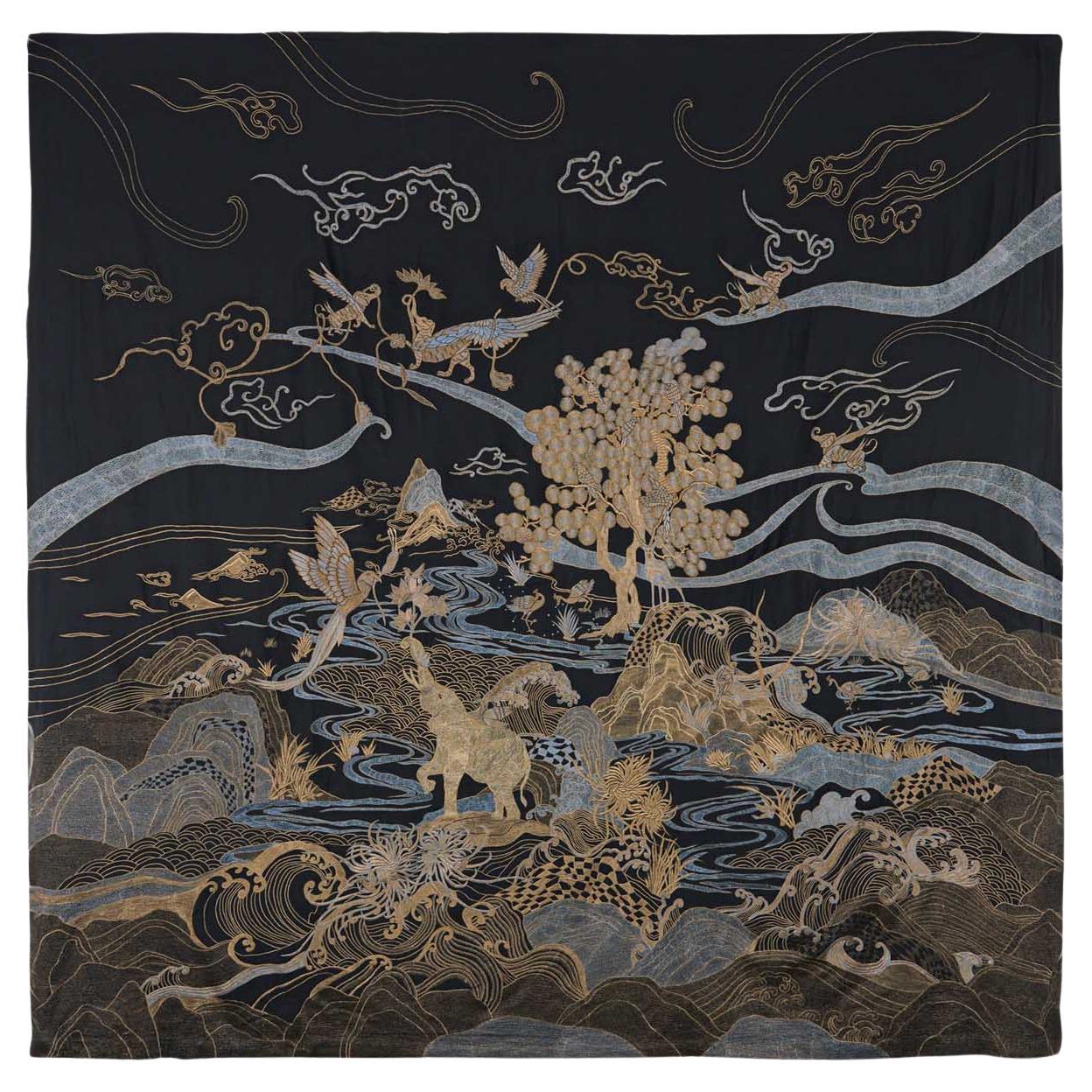 Dreamscape Black & Gold Bedcover in Linen, Viya by Vikram Goyal

Behold the tangible embodiment of a reverie – a whimsical collection of textiles inspired by the 17th-century Rajput manuscript, 