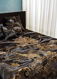 Dreamscape Black & Gold Embroidered Bedcover in Linen, Viya by Vikram Goyal