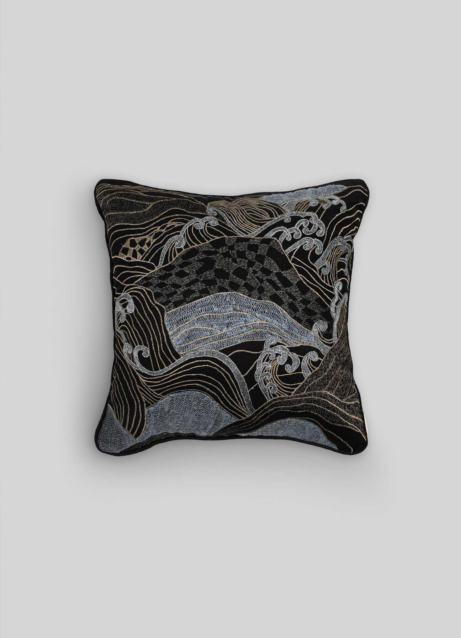 Dreamscape Black & Gold Embroidered Linen Cushion, Viya By Vikram Goyal

Behold the tangible embodiment of a reverie – a whimsical collection of textiles inspired by the 17th-century Rajput manuscript, 