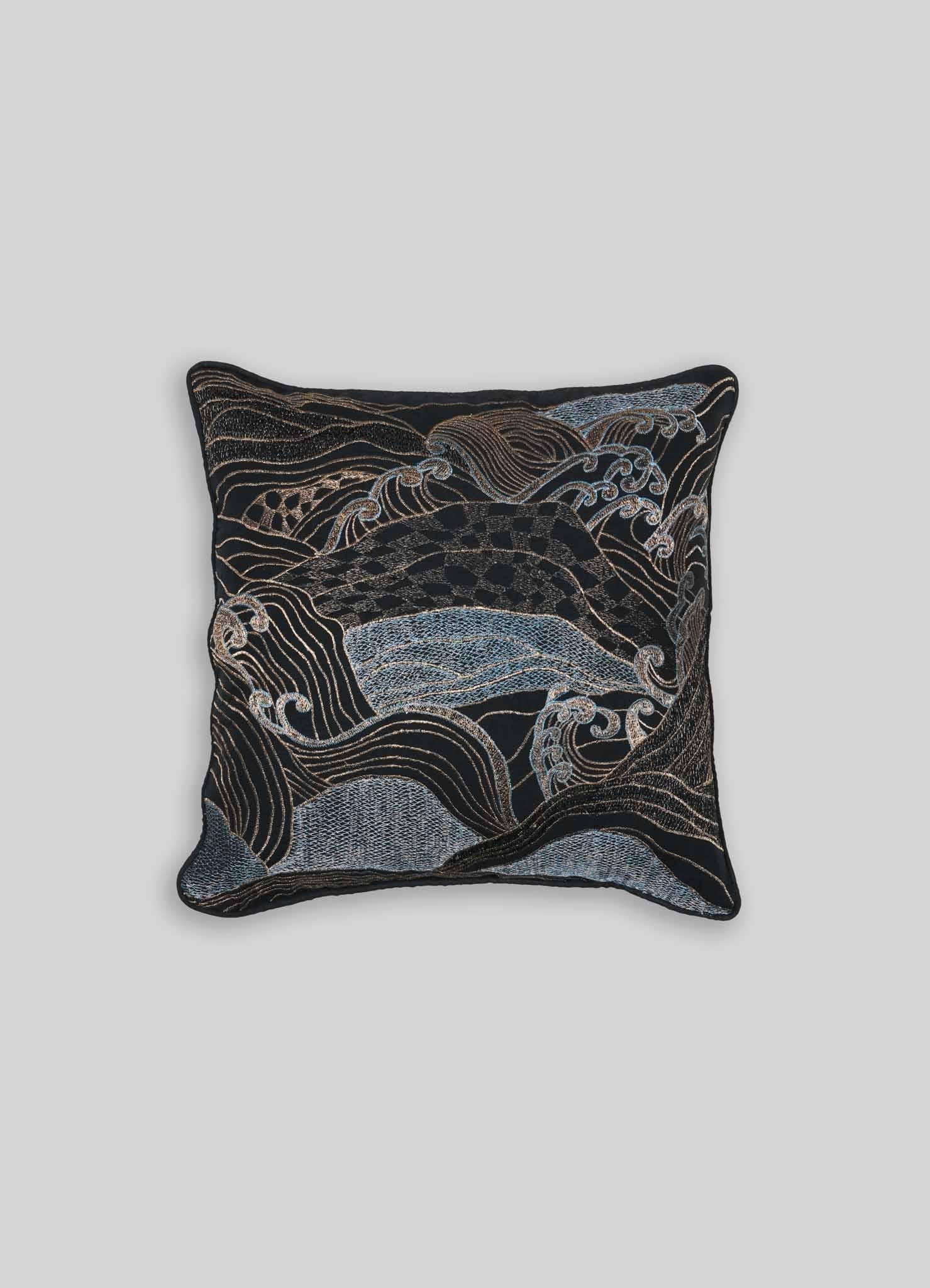 Indian Dreamscape Black & Gold Embroidered Linen Cushion, Viya By Vikram Goyal For Sale