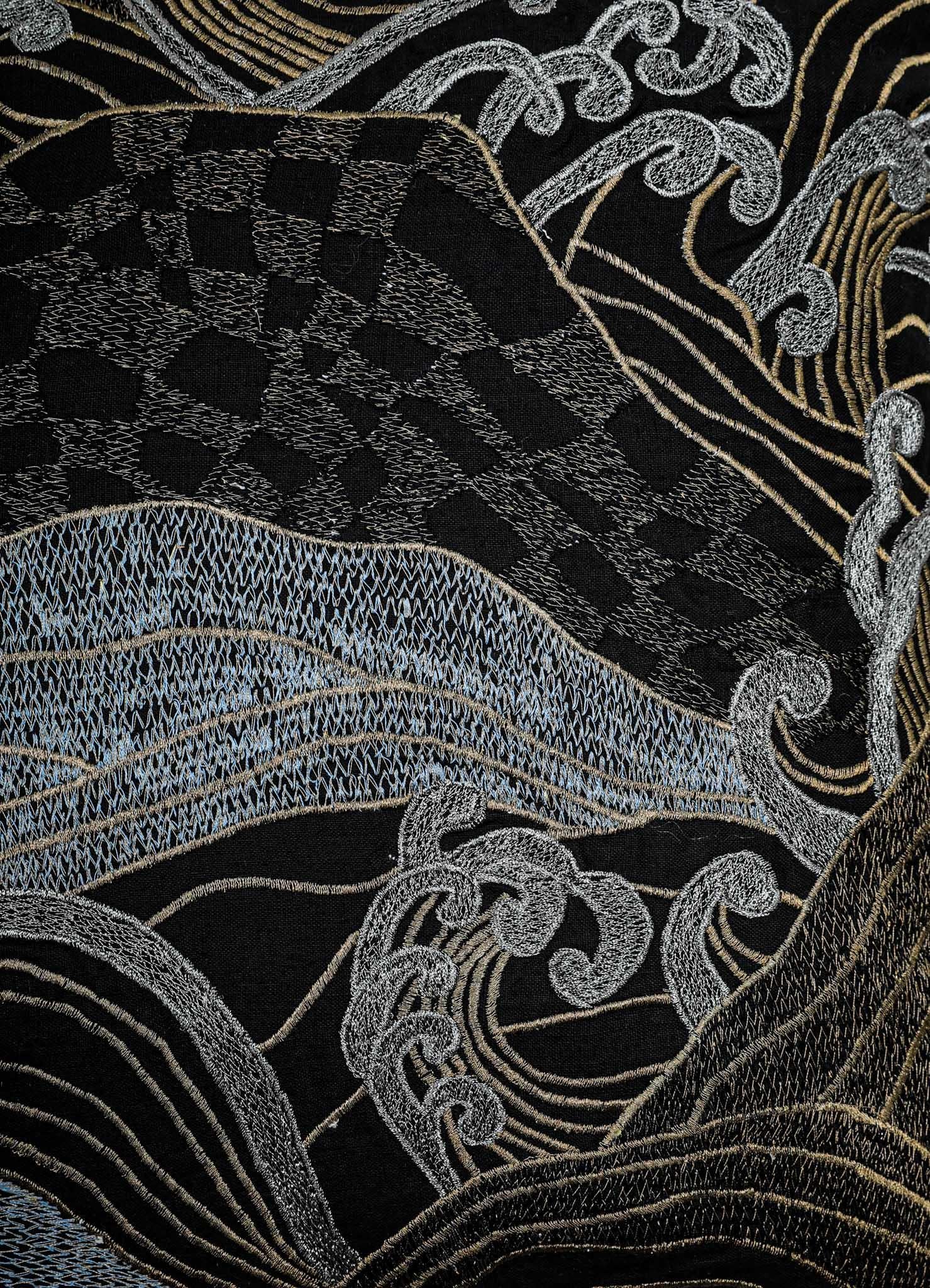 Dreamscape Black & Gold Embroidered Linen Cushion, Viya By Vikram Goyal In New Condition For Sale In Noida, DL