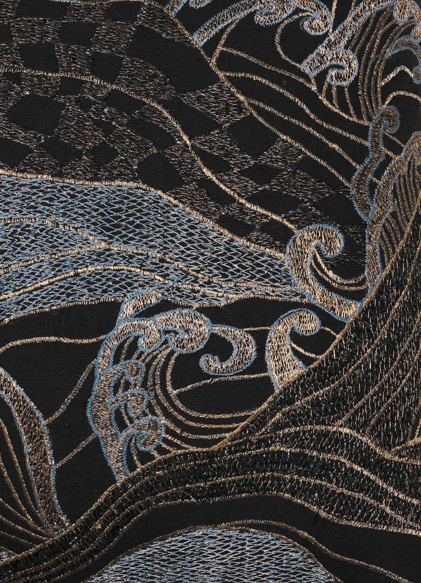 Contemporary Dreamscape Black & Gold Embroidered Linen Cushion, Viya By Vikram Goyal For Sale
