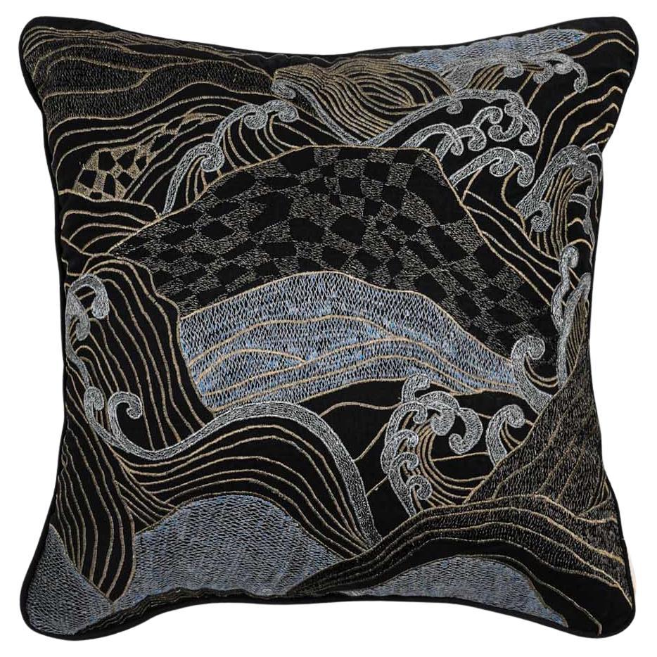 Dreamscape Black & Gold Embroidered Linen Cushion, Viya By Vikram Goyal For Sale