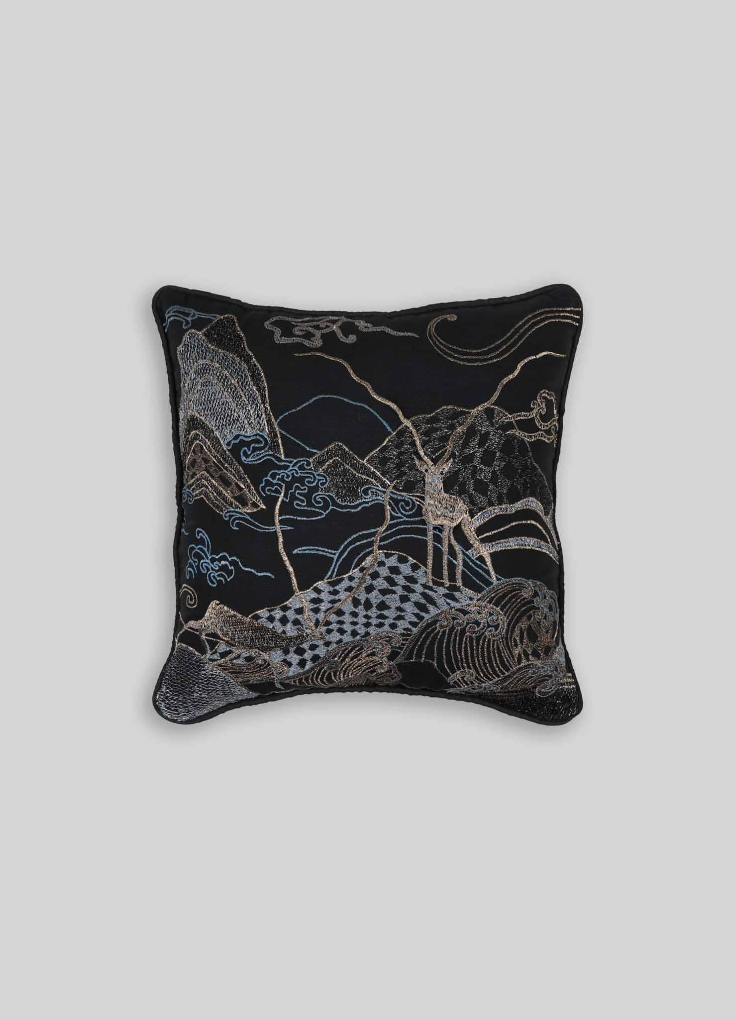 Indian Dreamscape Blackbuck Black & Gold Embroidered Linen Cushion Small For Sale