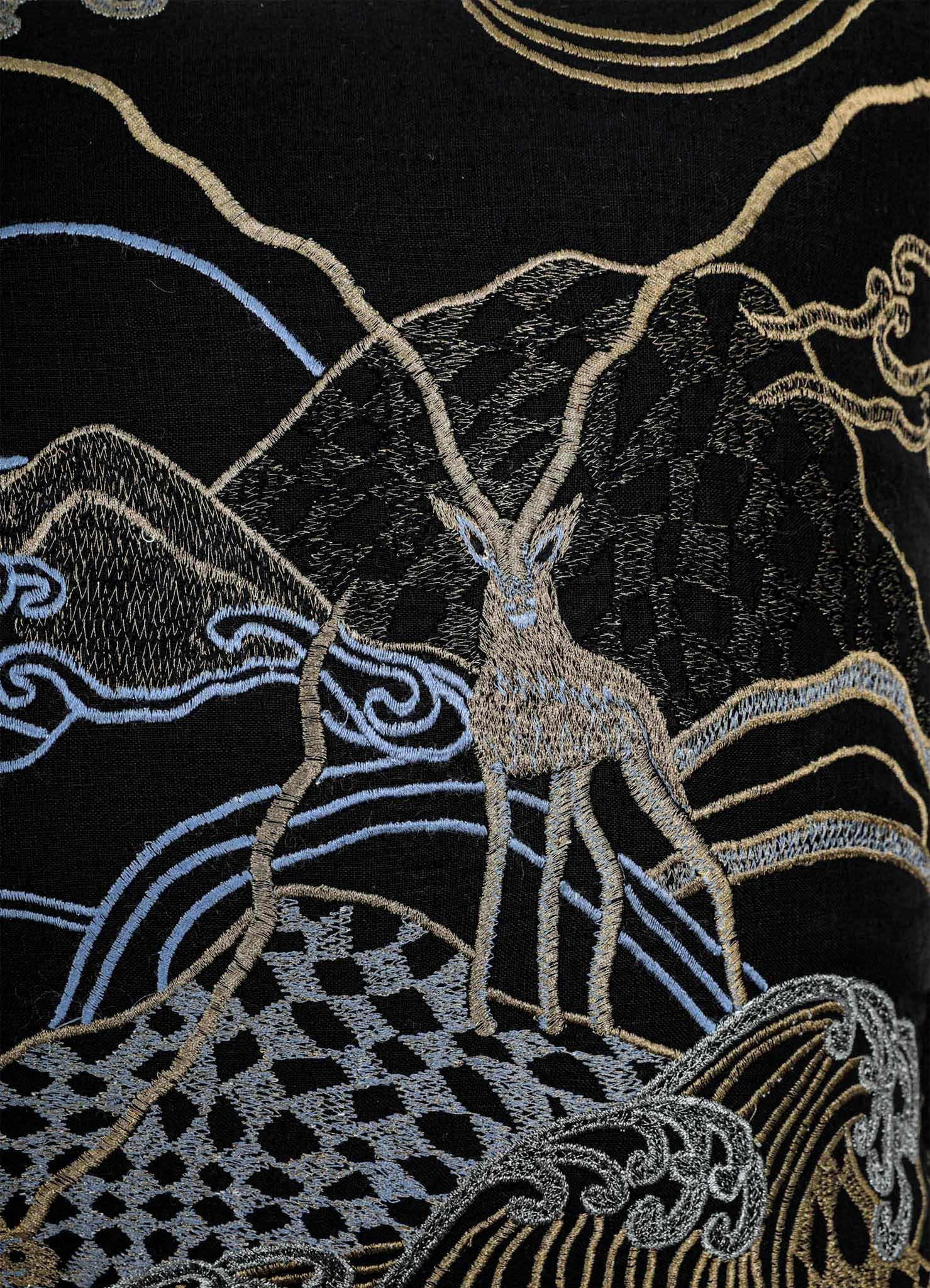 Dreamscape Blackbuck Black & Gold Embroidered Linen Cushion Small In New Condition For Sale In Noida, DL