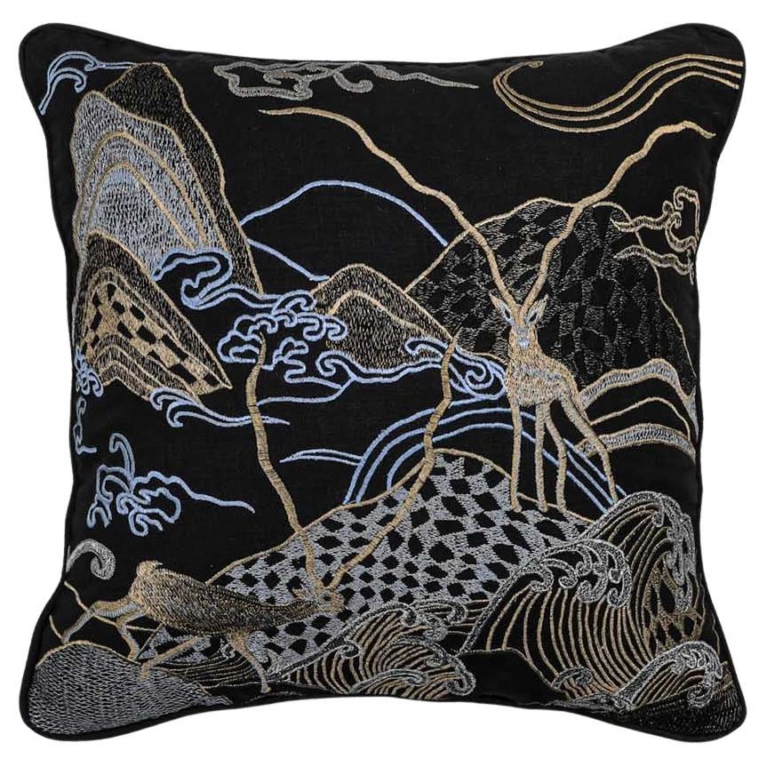 Dreamscape Blackbuck Black & Gold Embroidered Linen Cushion Small For Sale