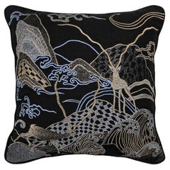 Dreamscape Blackbuck Black & Gold Embroidered Linen Cushion Small