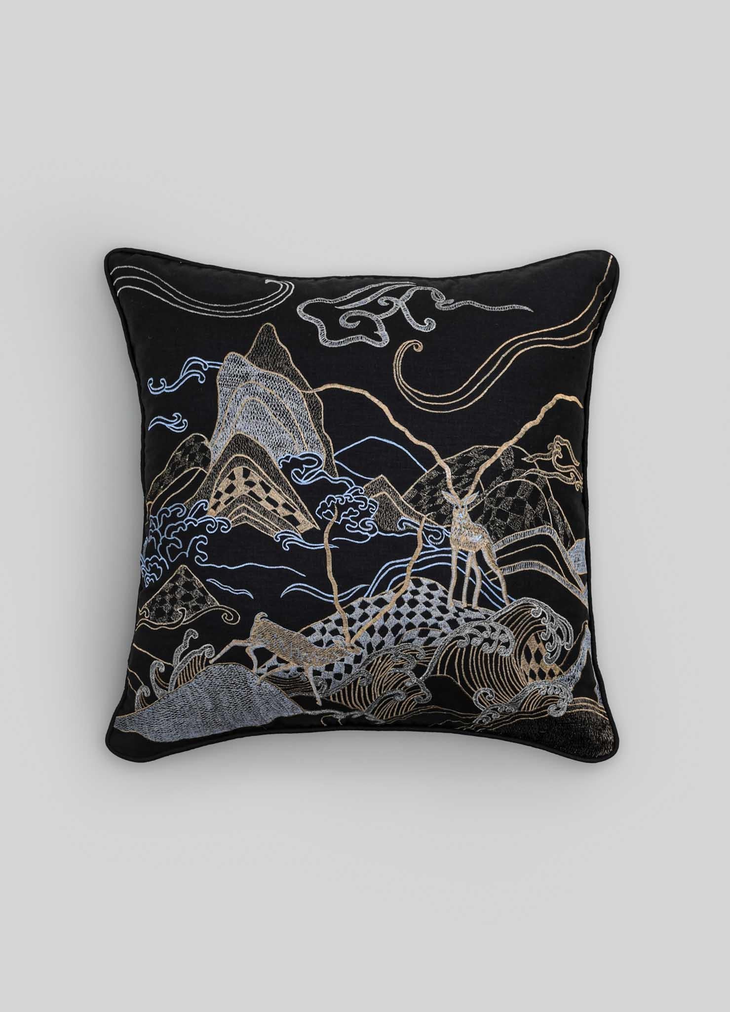 Dreamscape Blackbuck Black & Gold Embroidered Linen Cushion, Viya By Vikram Goyal

Behold the tangible embodiment of a reverie – a whimsical collection of textiles inspired by the 17th-century Rajput manuscript, 