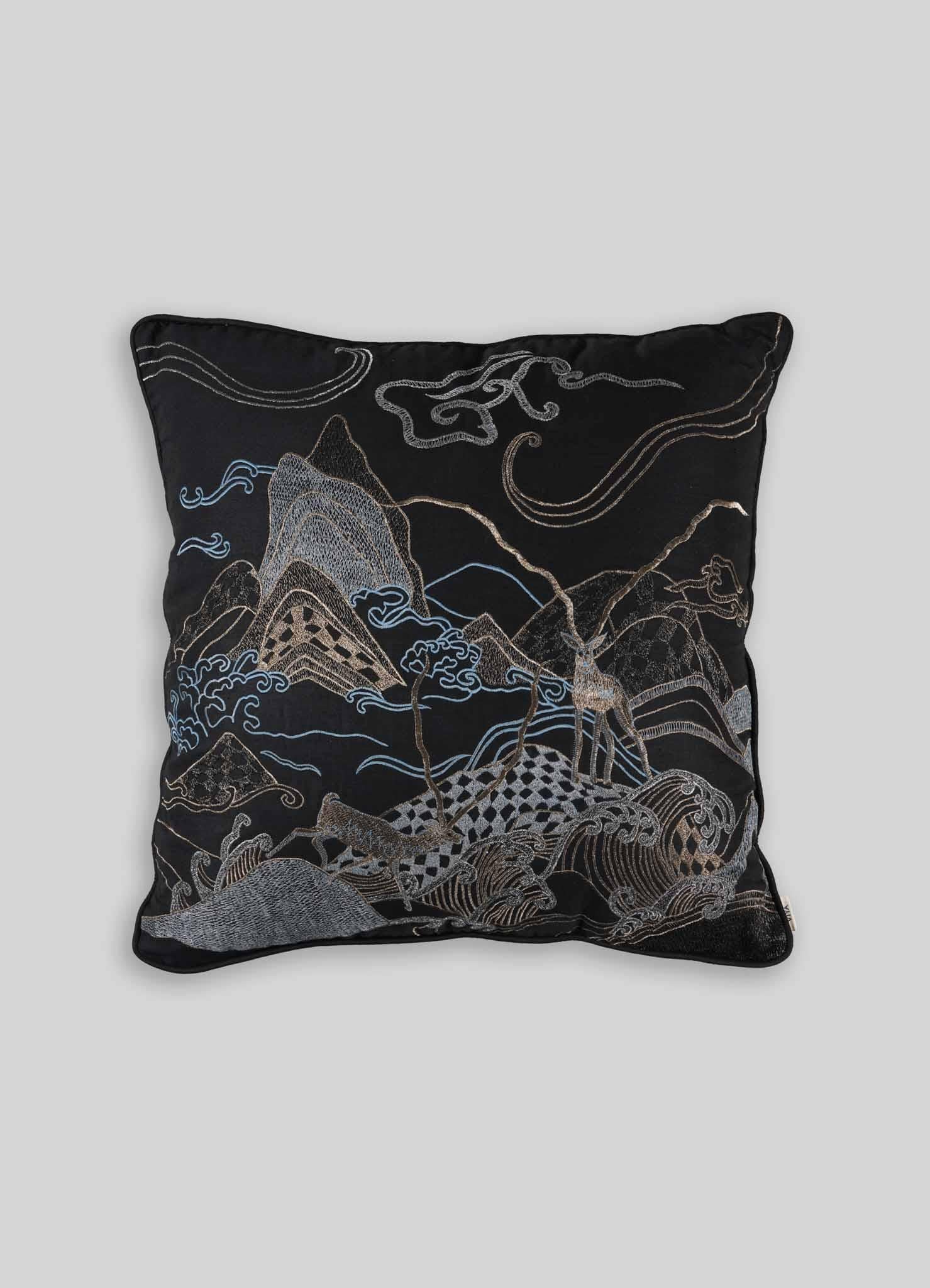 Indian Dreamscape Blackbuck Black & Gold Embroidered Linen Cushion, Viya By Vikram Goya For Sale