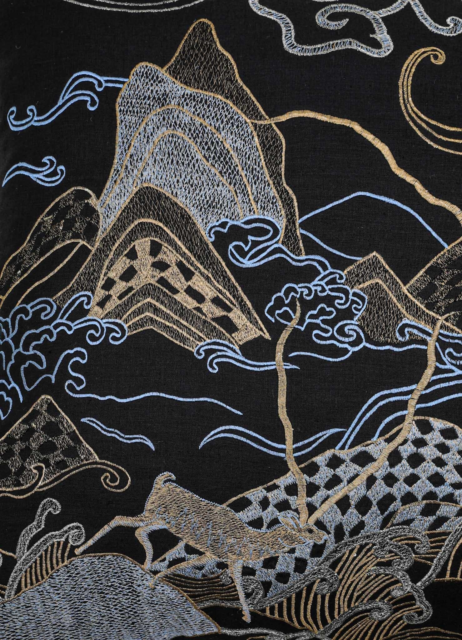 Dreamscape Blackbuck Black & Gold Embroidered Linen Cushion, Viya By Vikram Goya In New Condition For Sale In Noida, DL