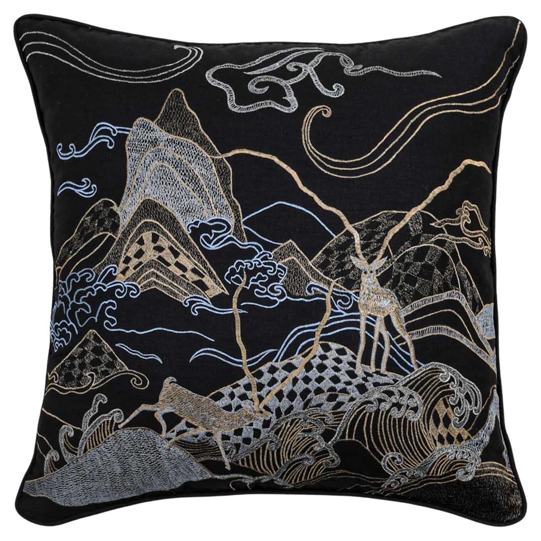 Dreamscape Blackbuck Black & Gold Embroidered Linen Cushion, Viya By Vikram Goya