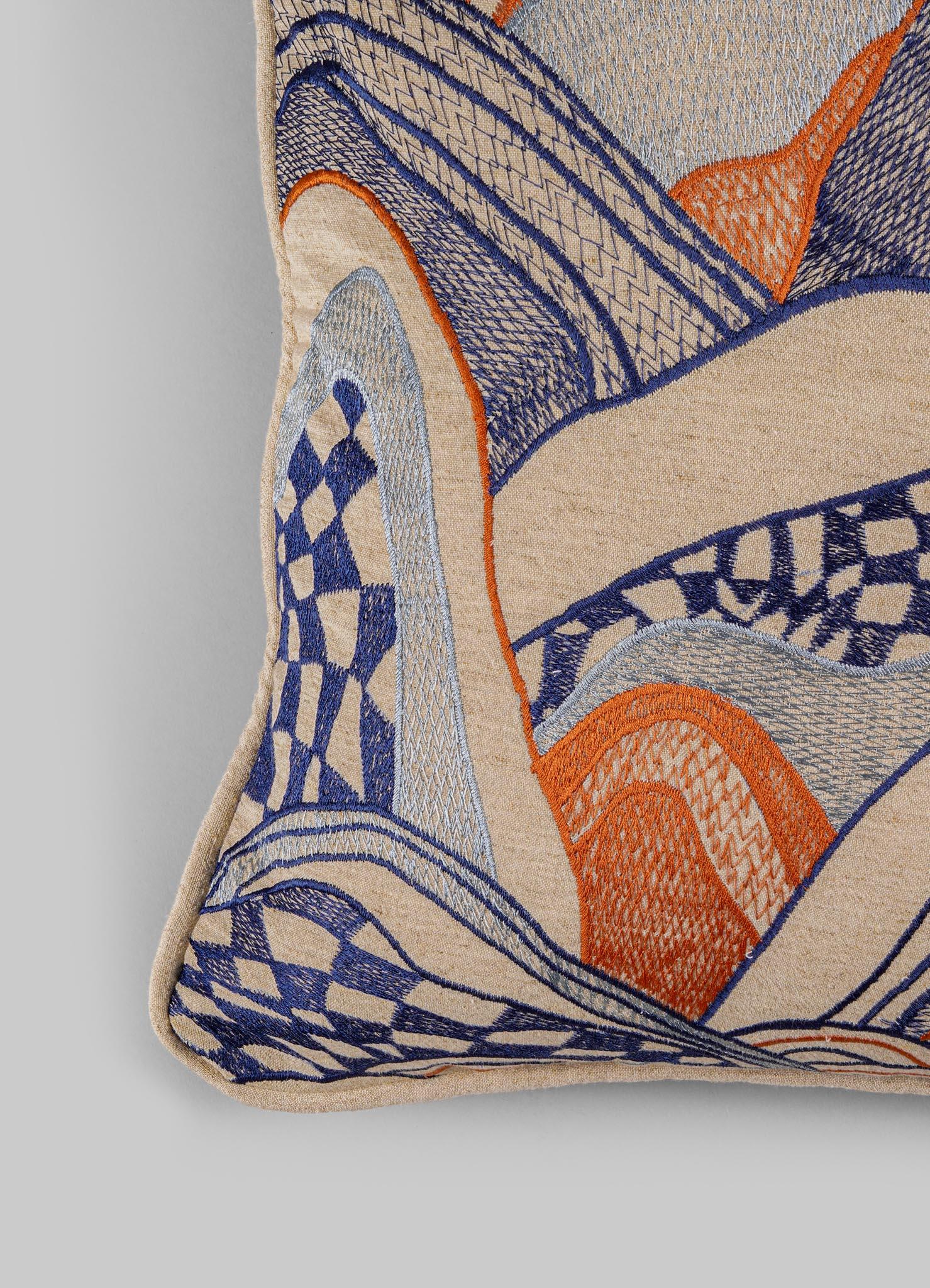 Hand-Woven Dreamscape Blue Embroidered Cushion Small, Viya By Vikram Goyal For Sale