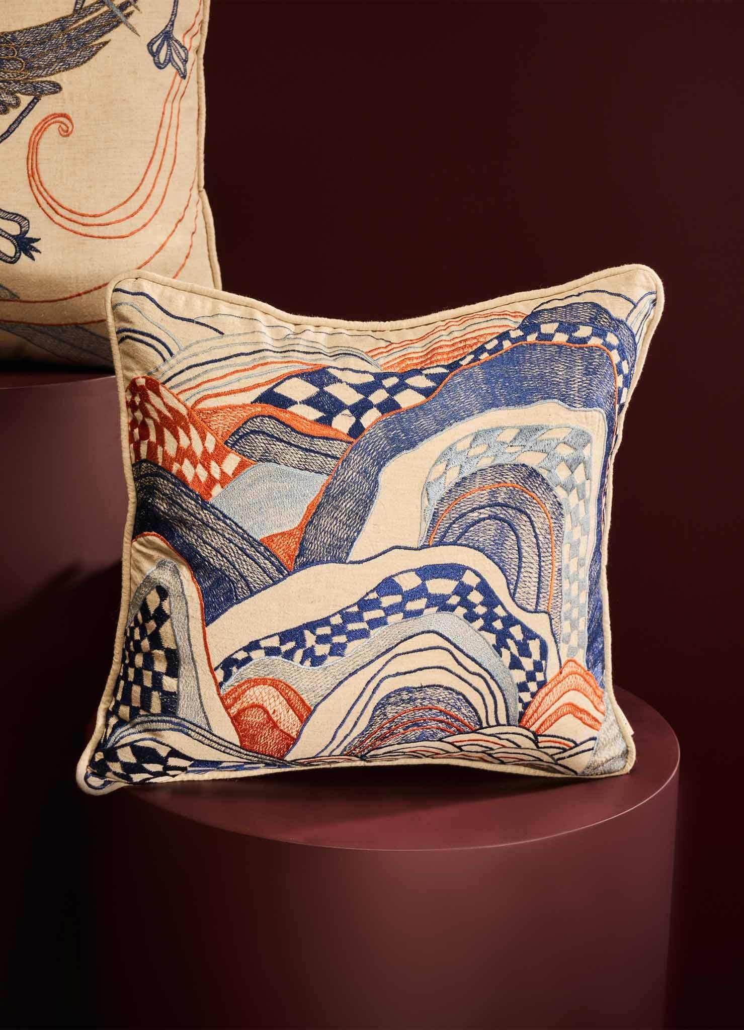 Dreamscape Blue Embroidered Cushion Small, Viya By Vikram Goyal For Sale 1