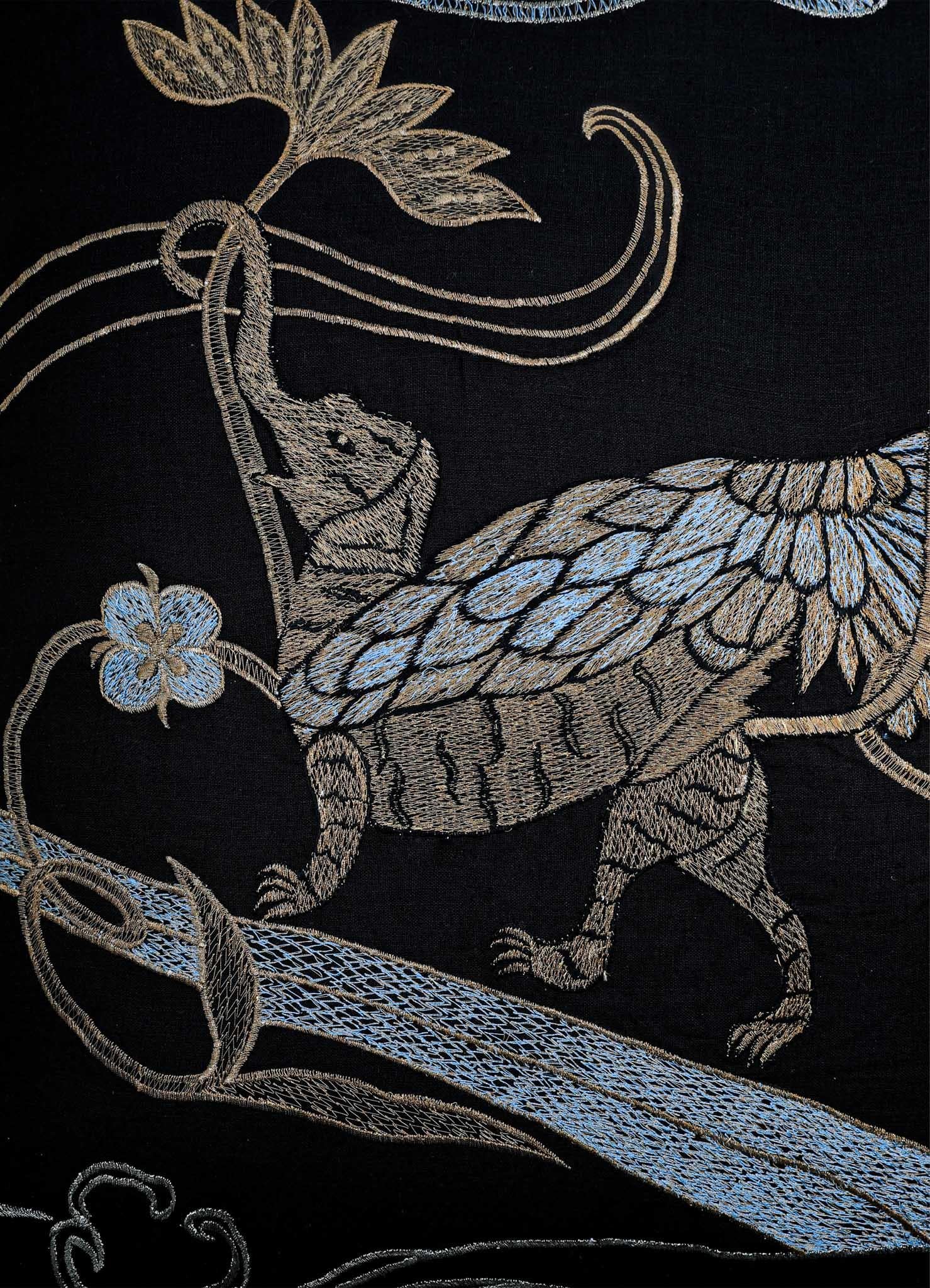 Dreamscape Leophant Black & Gold Embroidered Linen Cushion, Viya By Vikram Goyal In New Condition For Sale In Noida, DL