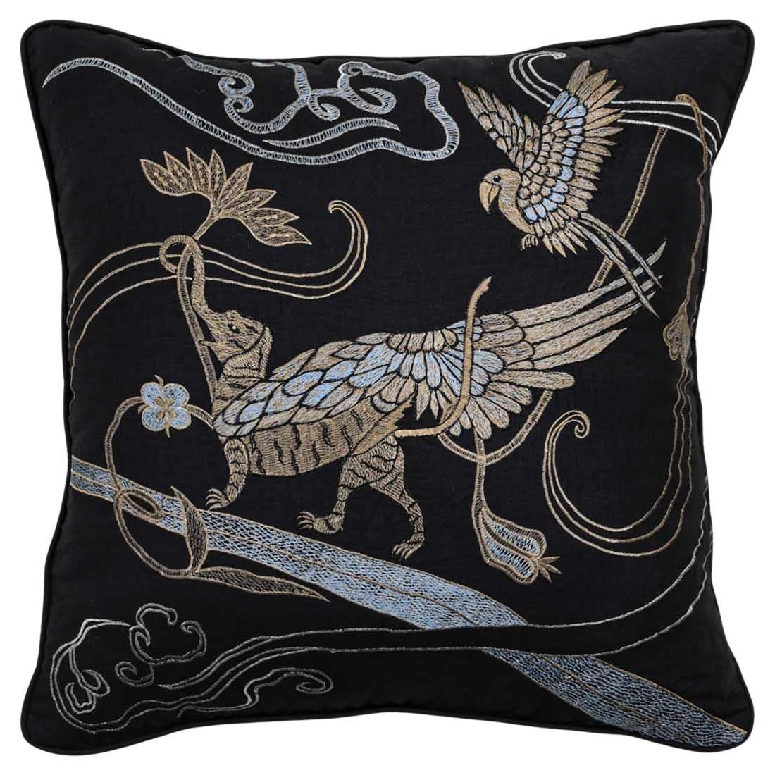 Dreamscape Leophant Black & Gold Embroidered Linen Cushion, Viya By Vikram Goyal