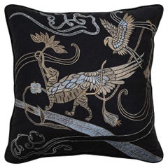 Dreamscape Leophant Black & Gold Embroidered Linen Cushion, Viya By Vikram Goyal