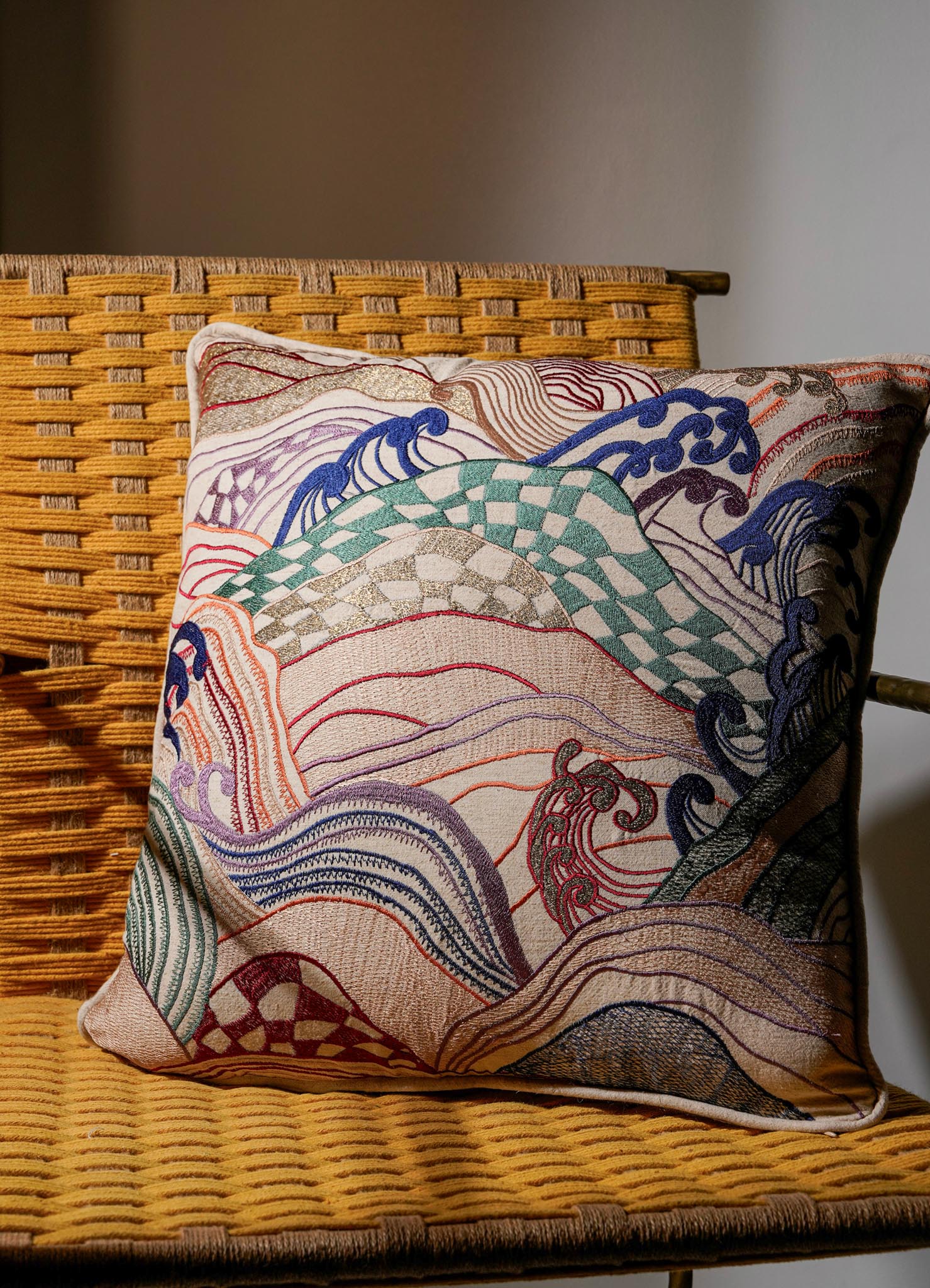Dreamscape Multicolor Cushion Small in Linen, Viya By Vikram Goyal

Behold the tangible embodiment of a reverie – a whimsical collection of textiles inspired by the 17th-century Rajput manuscript, 