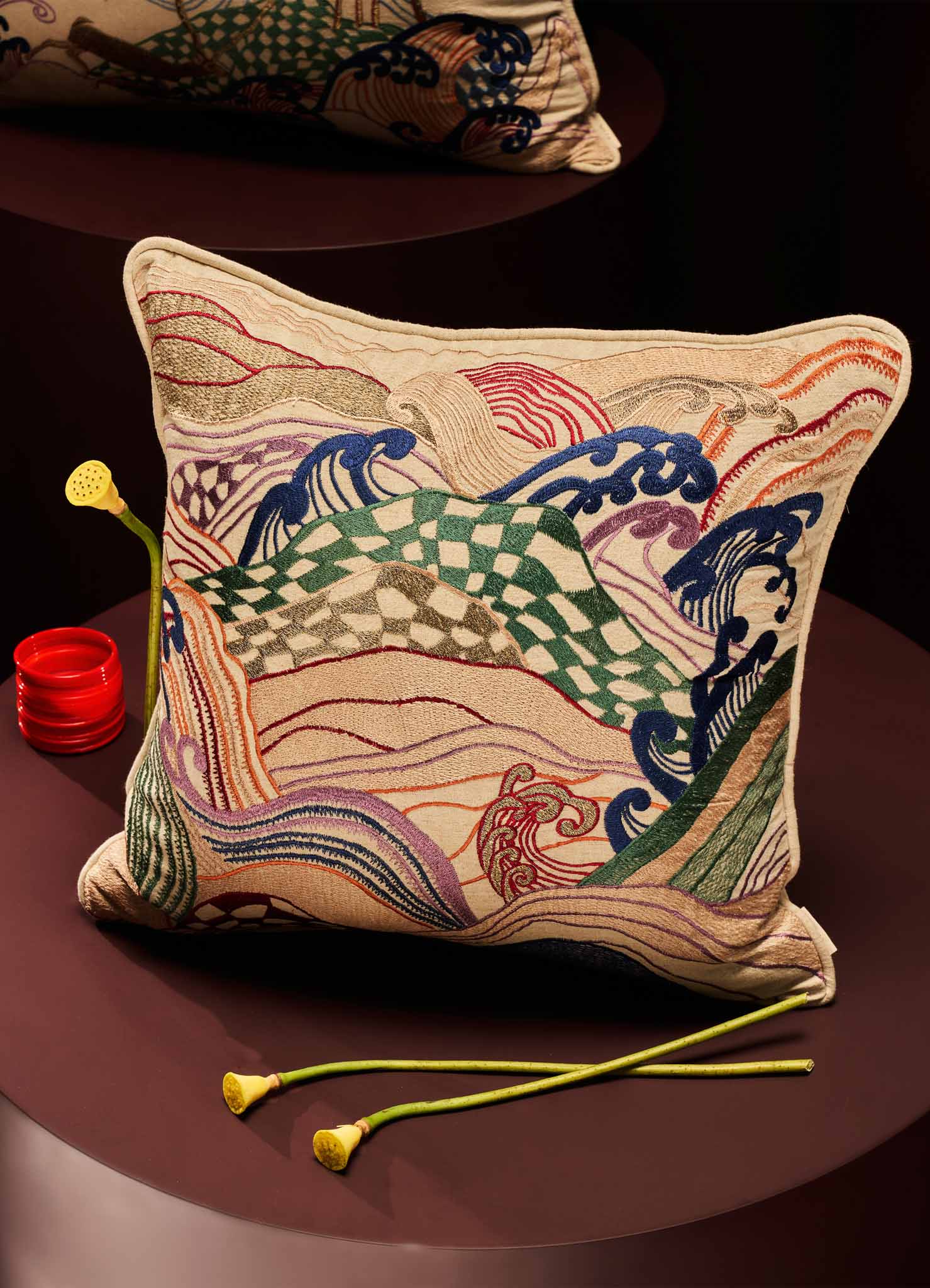 Dreamscape Multicolor Embroidered Cushion Small, Viya By Vikram Goyal