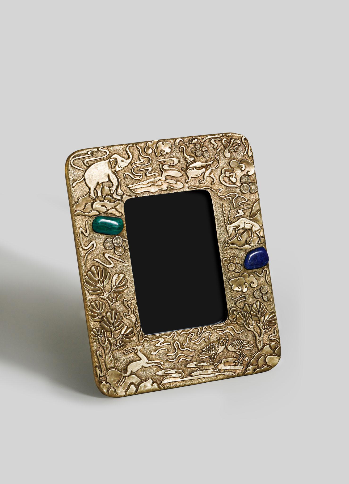 Indian Dreamscape Photo Frame in Brass with Semi Precious Stone, by Vikram Goyal For Sale