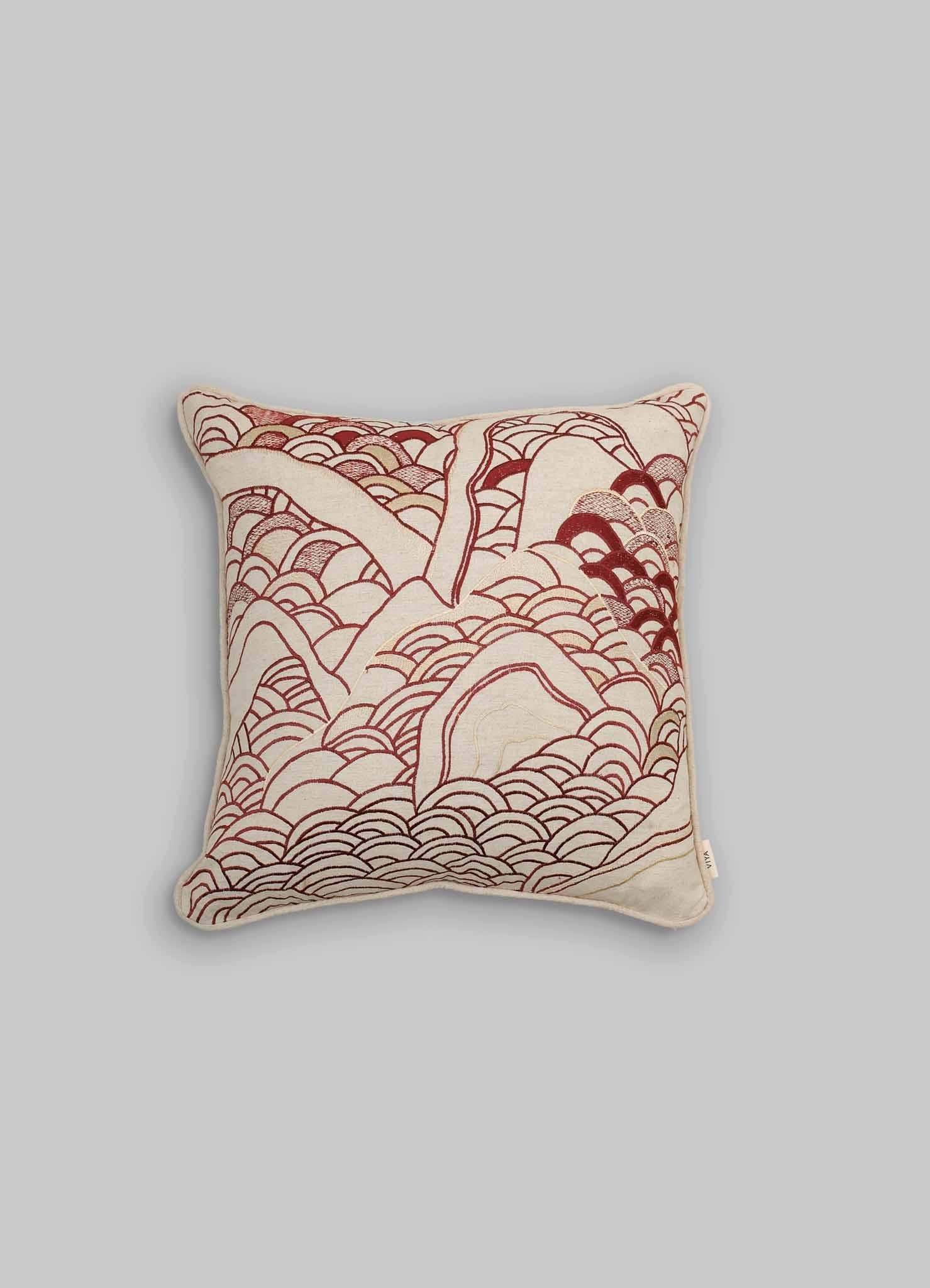 Dreamscape Red Embroidered Cushion A Small, Viya By Vikram Goyal

Behold the tangible embodiment of a reverie – a whimsical collection of textiles inspired by the 17th-century Rajput manuscript, 
