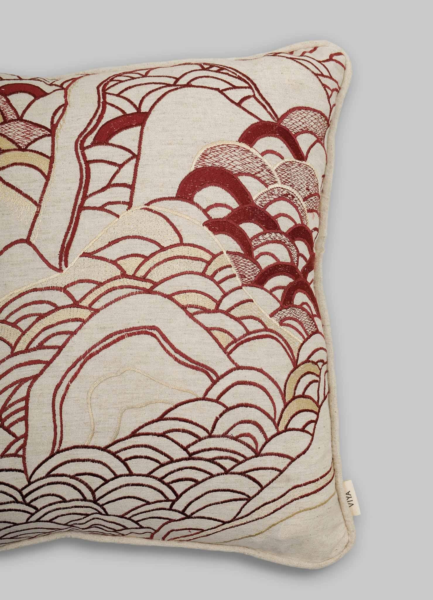 Hand-Woven Dreamscape Red Embroidered Cushion A Small, Viya By Vikram Goyal For Sale