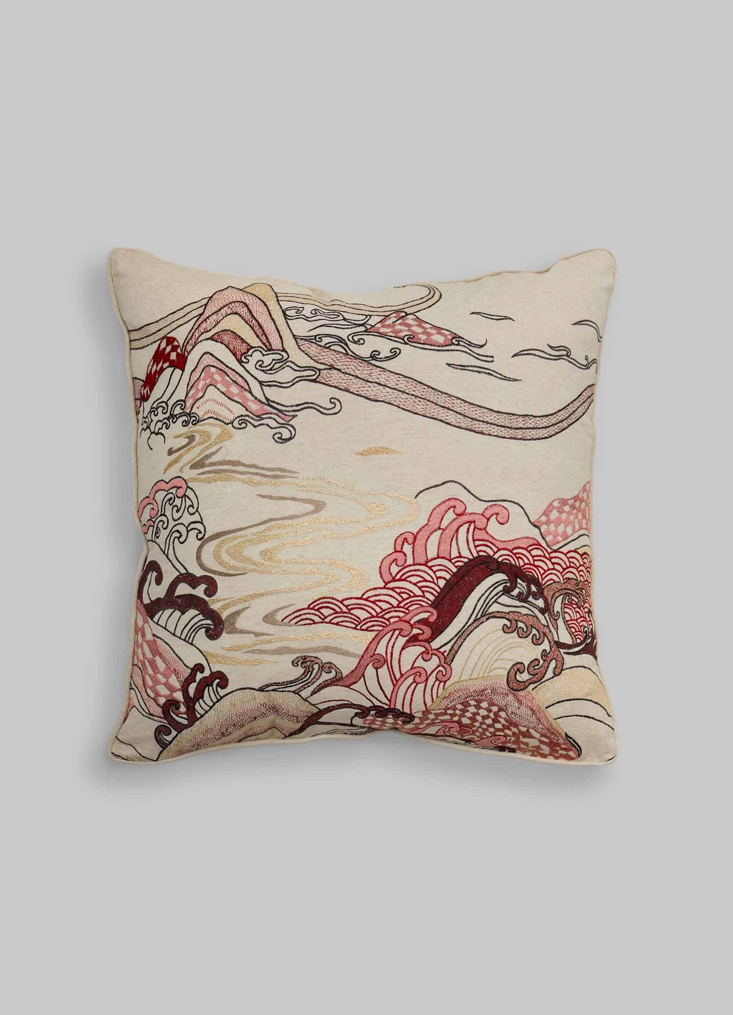 Dreamscape Red Embroidered Cushion B Large, Viya By Vikram Goyal

Behold the tangible embodiment of a reverie – a whimsical collection of textiles inspired by the 17th-century Rajput manuscript, 