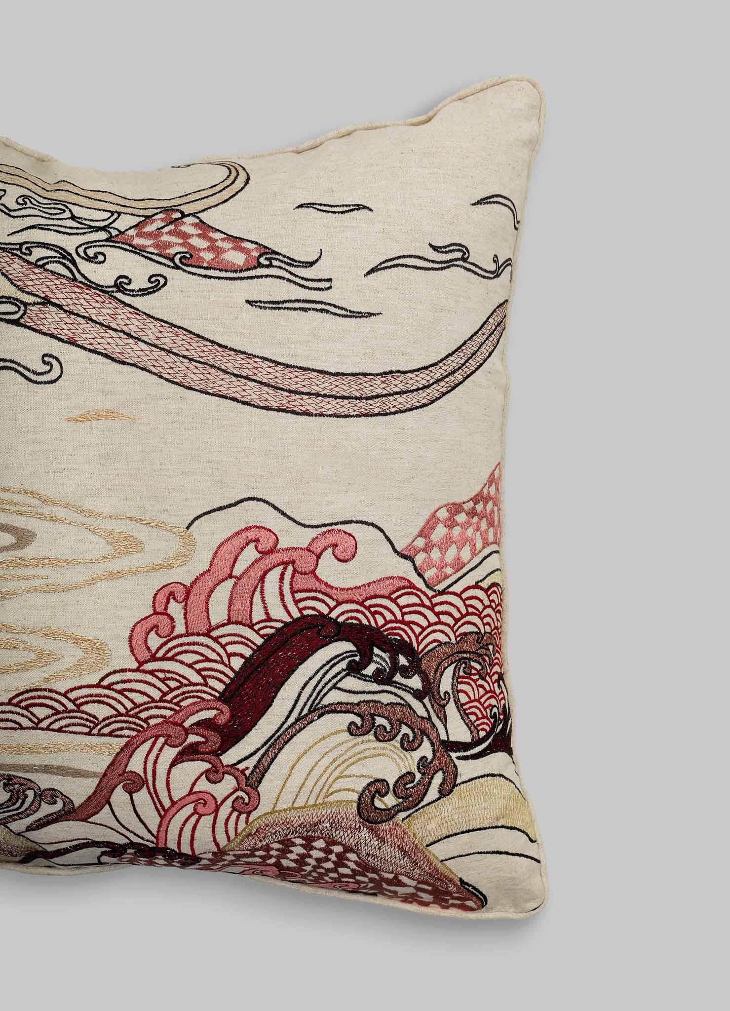 Hand-Woven Dreamscape Red Embroidered Cushion B Large, Viya By Vikram Goyal For Sale