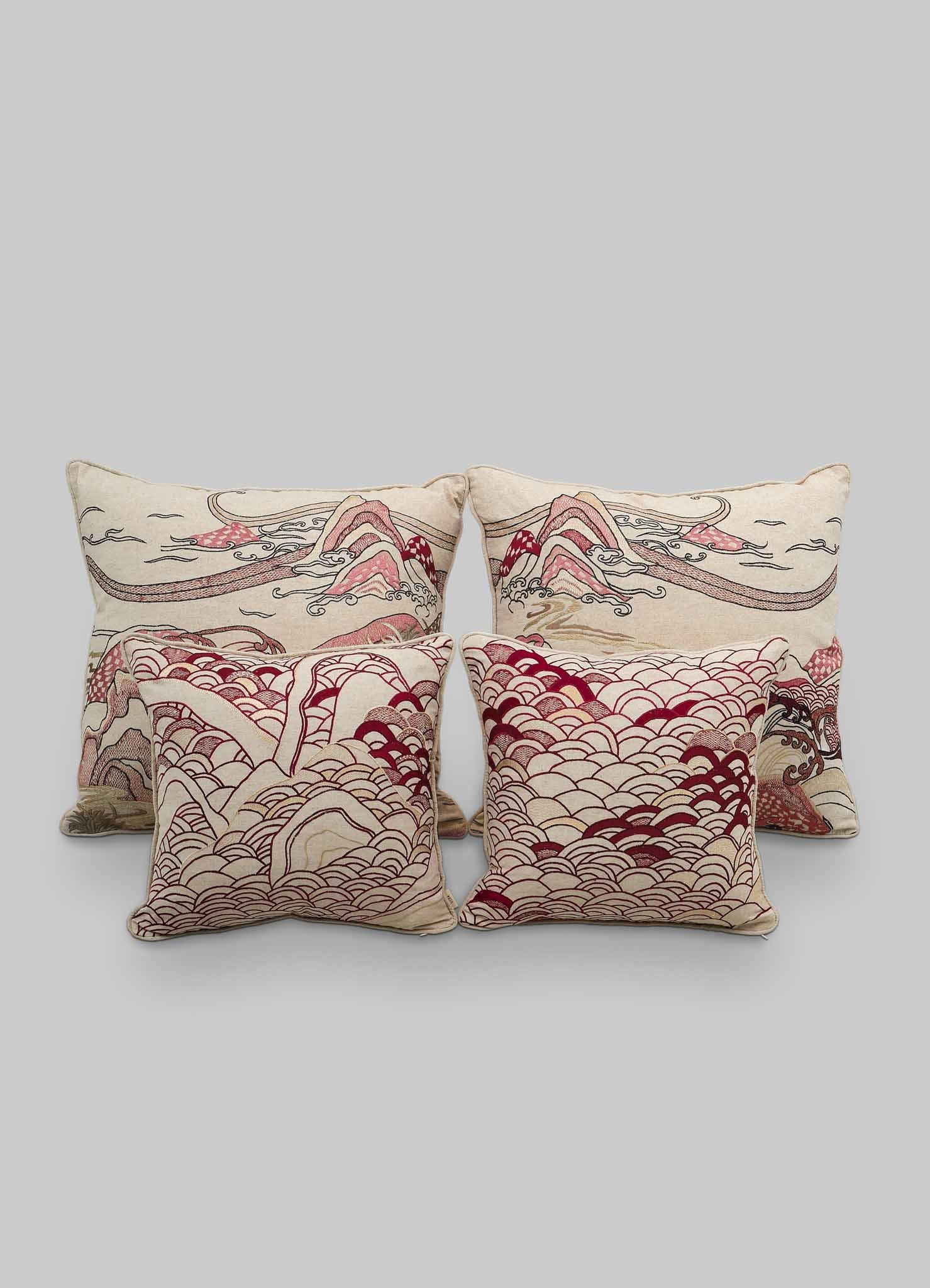 Dreamscape Red Embroidered Cushion B Large, Viya By Vikram Goyal In New Condition For Sale In Noida, DL