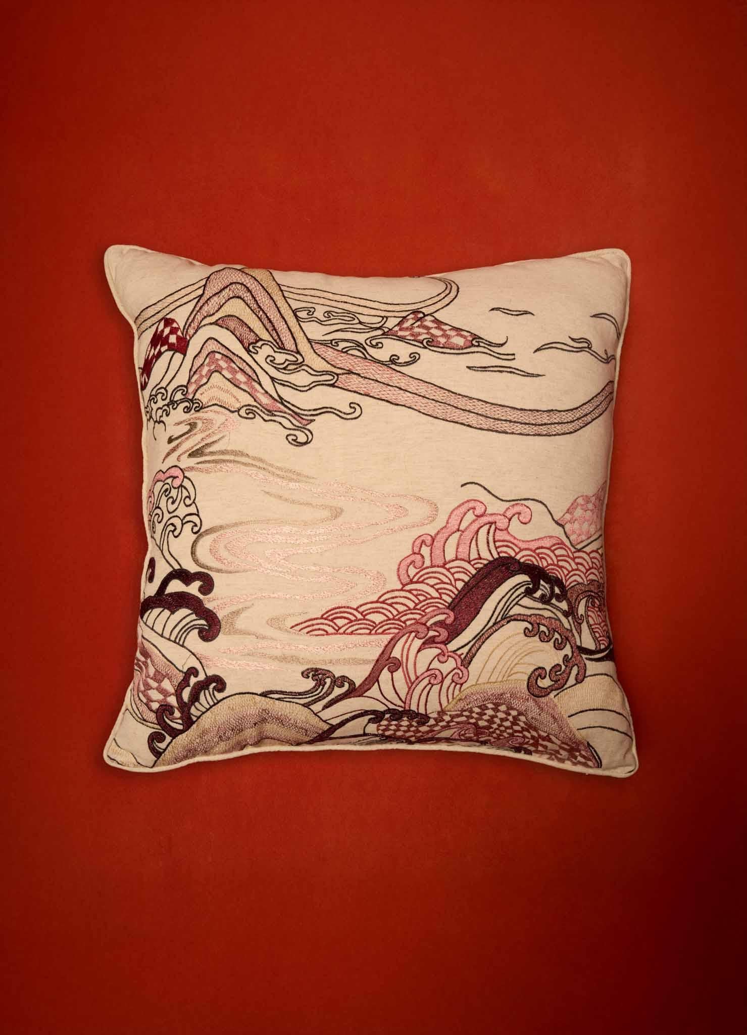 Contemporary Dreamscape Red Embroidered Cushion B Large, Viya By Vikram Goyal For Sale