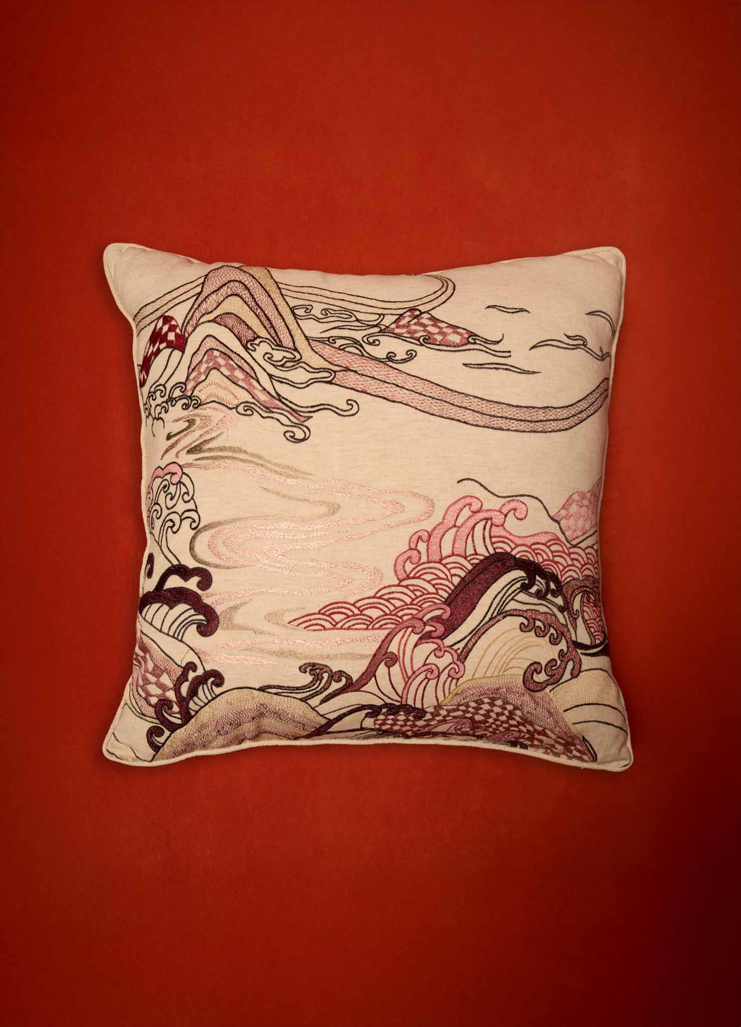 Dreamscape Red Embroidered Cushion B Large, Viya By Vikram Goyal For Sale