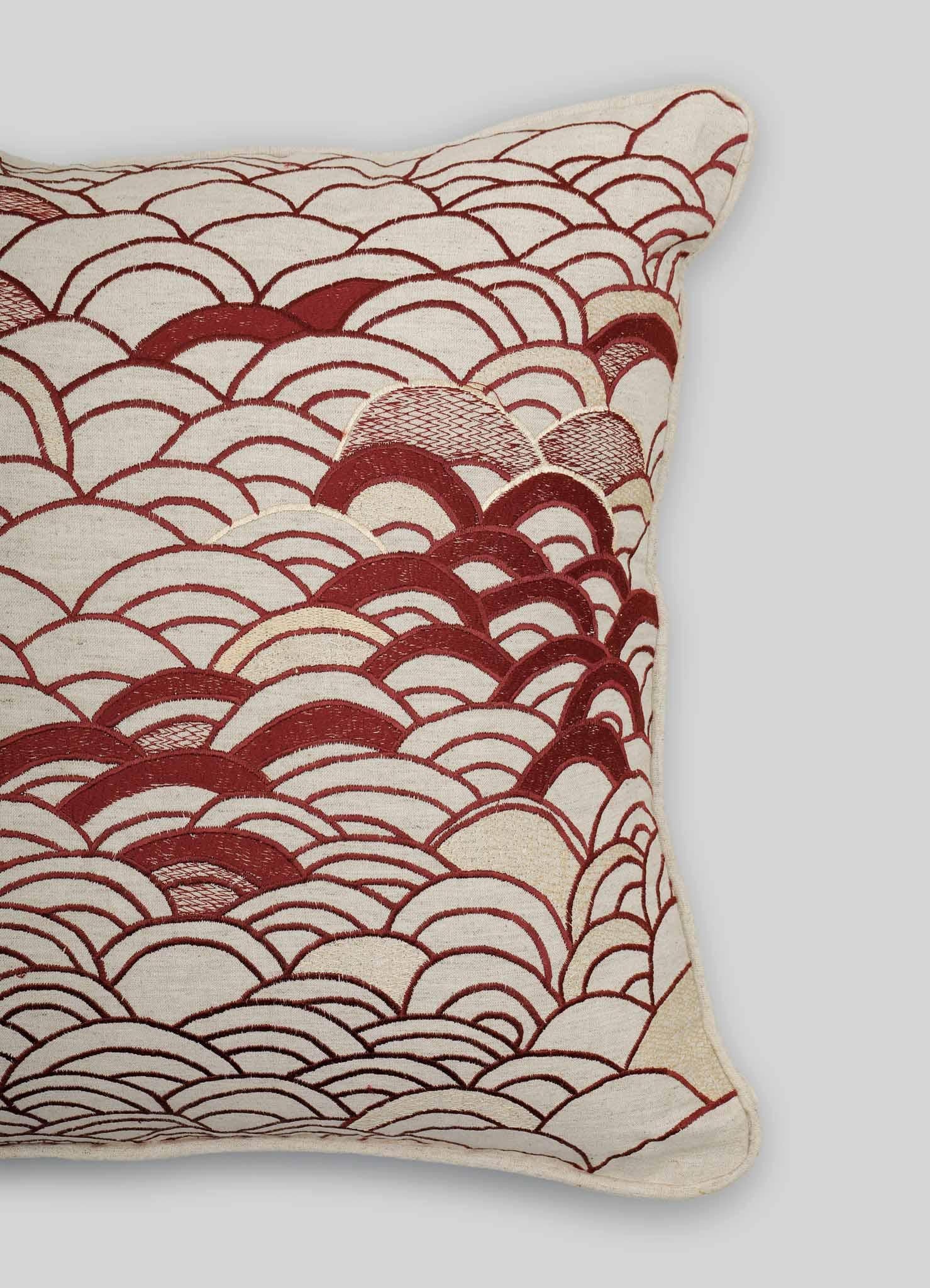 Hand-Woven Dreamscape Red Embroidered Cushion B Small, Viya By Vikram Goyal For Sale