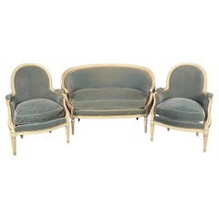 Dreamy Antique French Louis XVI Painted Carved Sofa and Pair of Bergeres Set