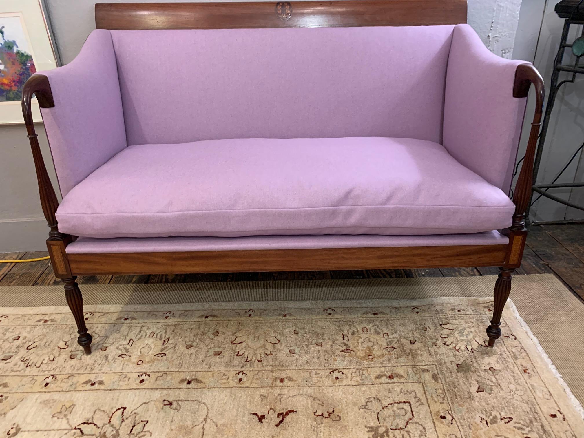Upholstery Dreamy Federal Style Mahogany and Lavender Antique Settee Loveseat