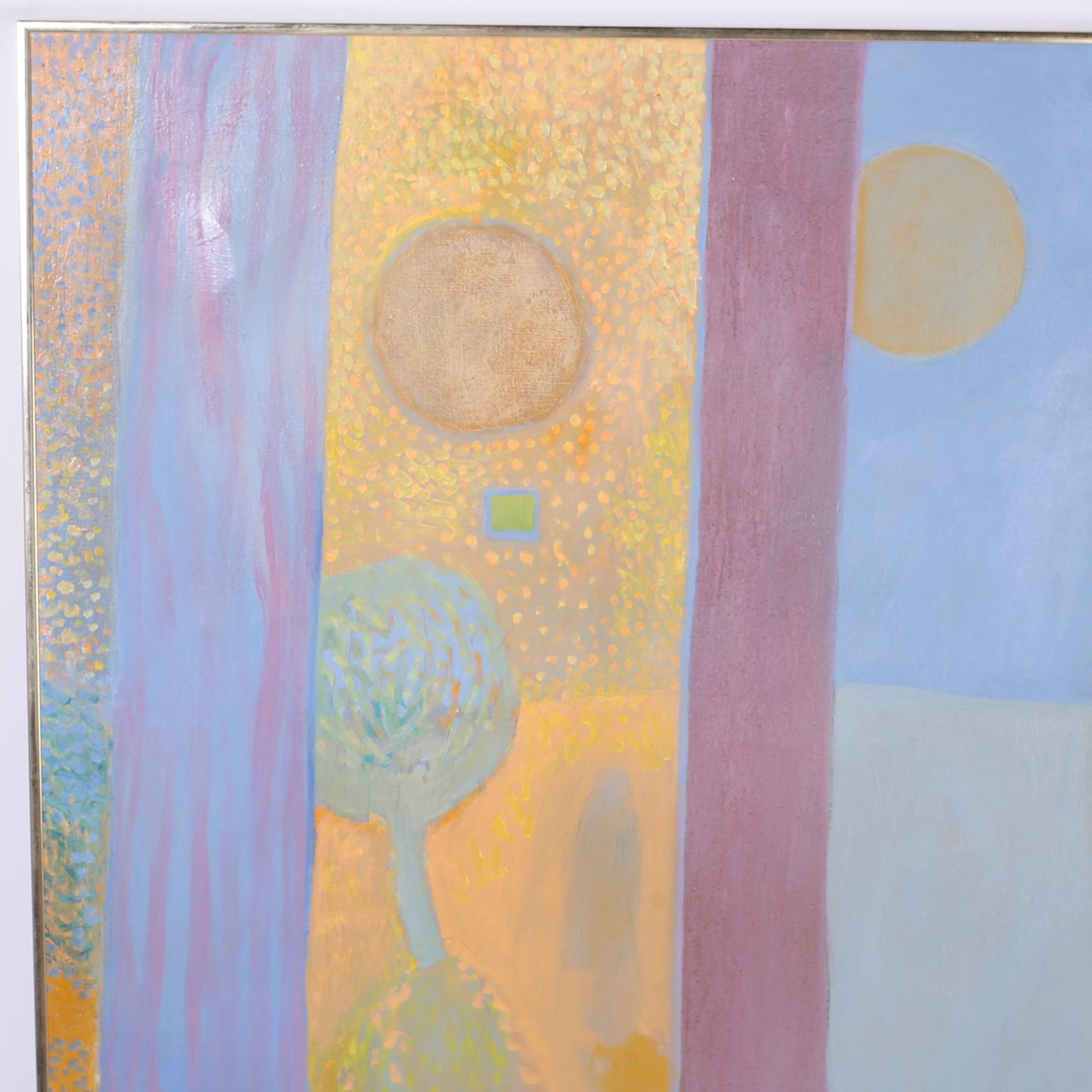 Modernist painting on canvas with a soft, dreamy palette suggesting the passing of time, space, and perspective. Signed Rossen in the lower right.